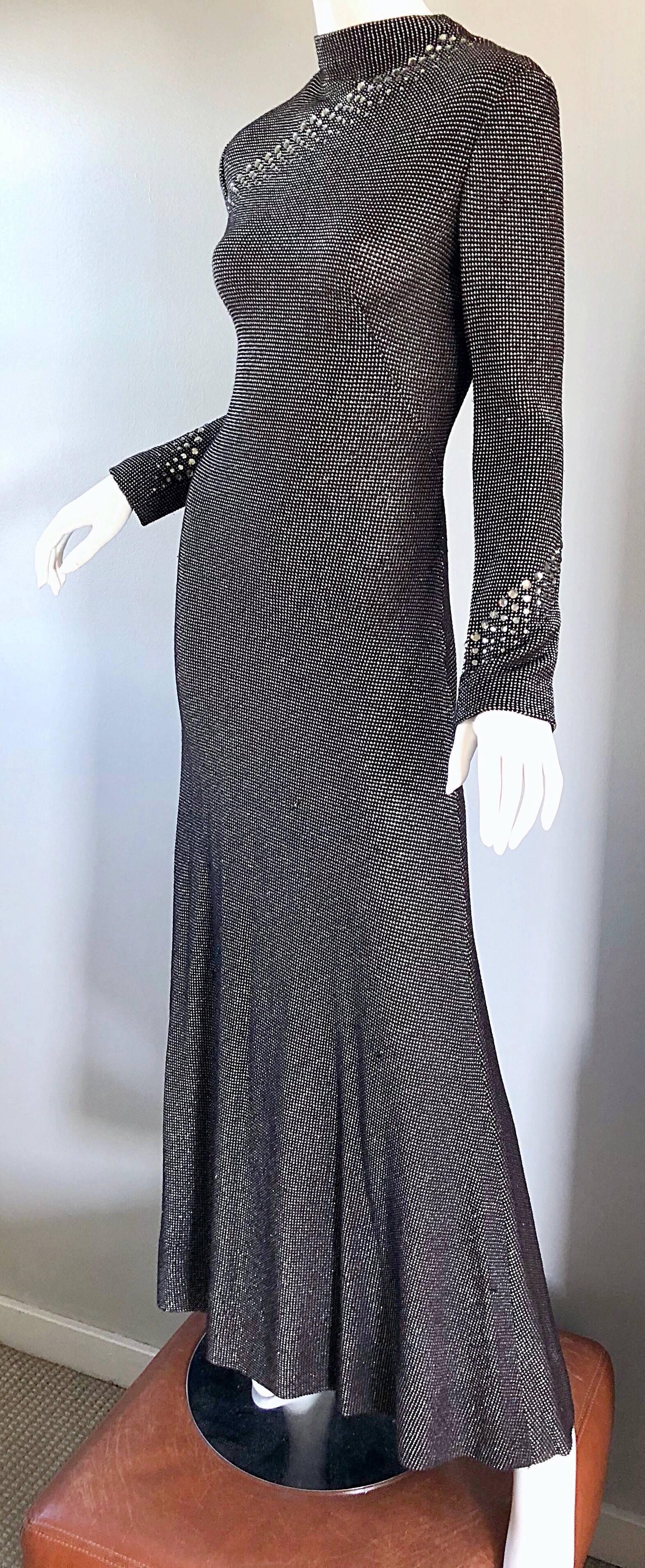 Women's Pauline Trigere 1970s Black, White, Brown Rhinestone Encrusted Vintage 70s Gown