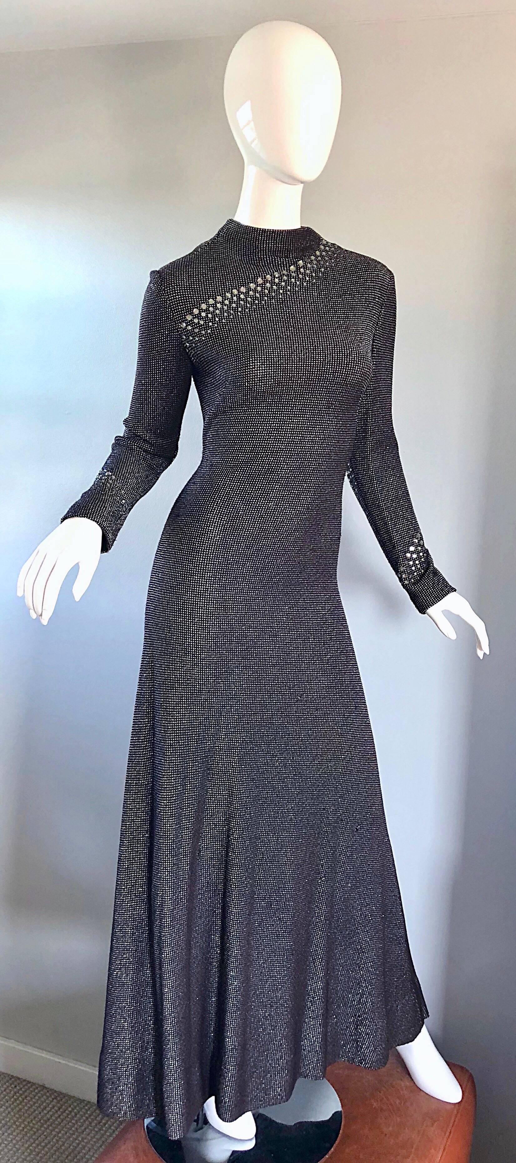 Pauline Trigere 1970s Black, White, Brown Rhinestone Encrusted Vintage 70s Gown For Sale 1