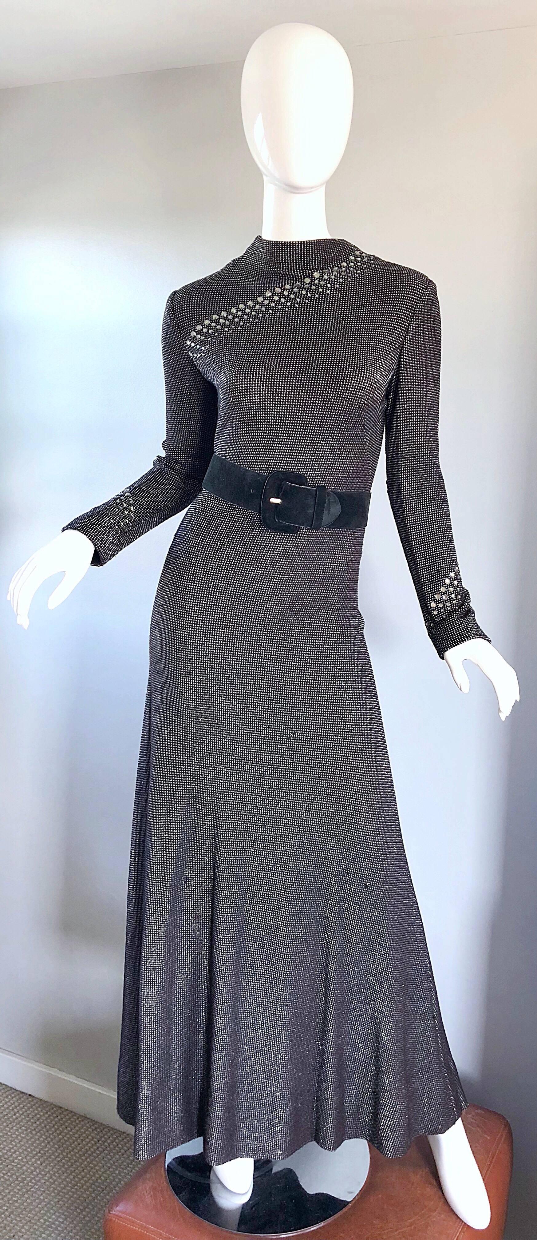 Pauline Trigere 1970s Black, White, Brown Rhinestone Encrusted Vintage 70s Gown 2