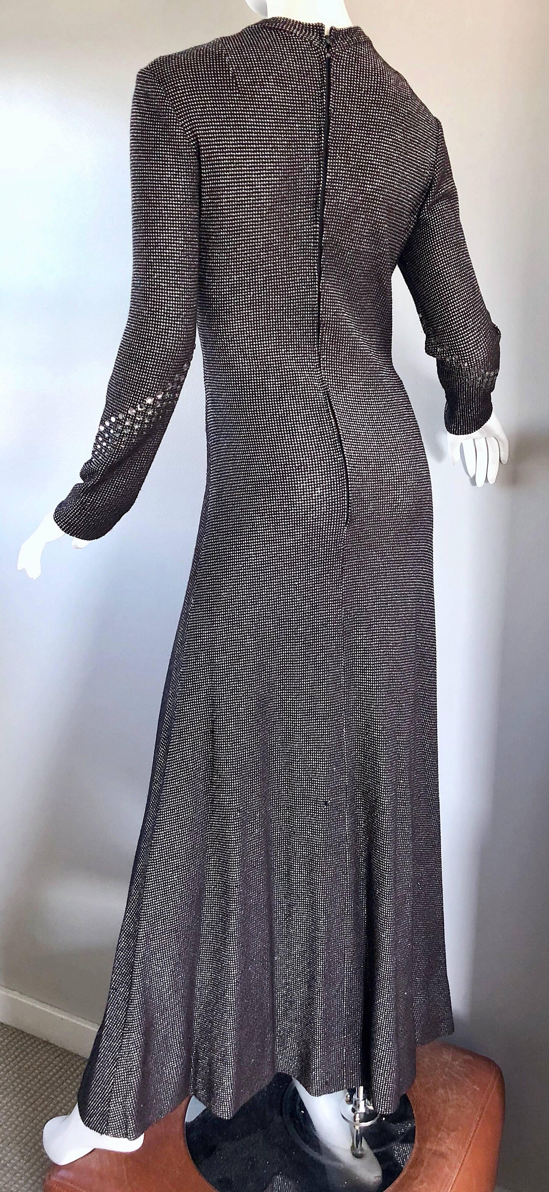 Pauline Trigere 1970s Black, White, Brown Rhinestone Encrusted Vintage 70s Gown For Sale 3