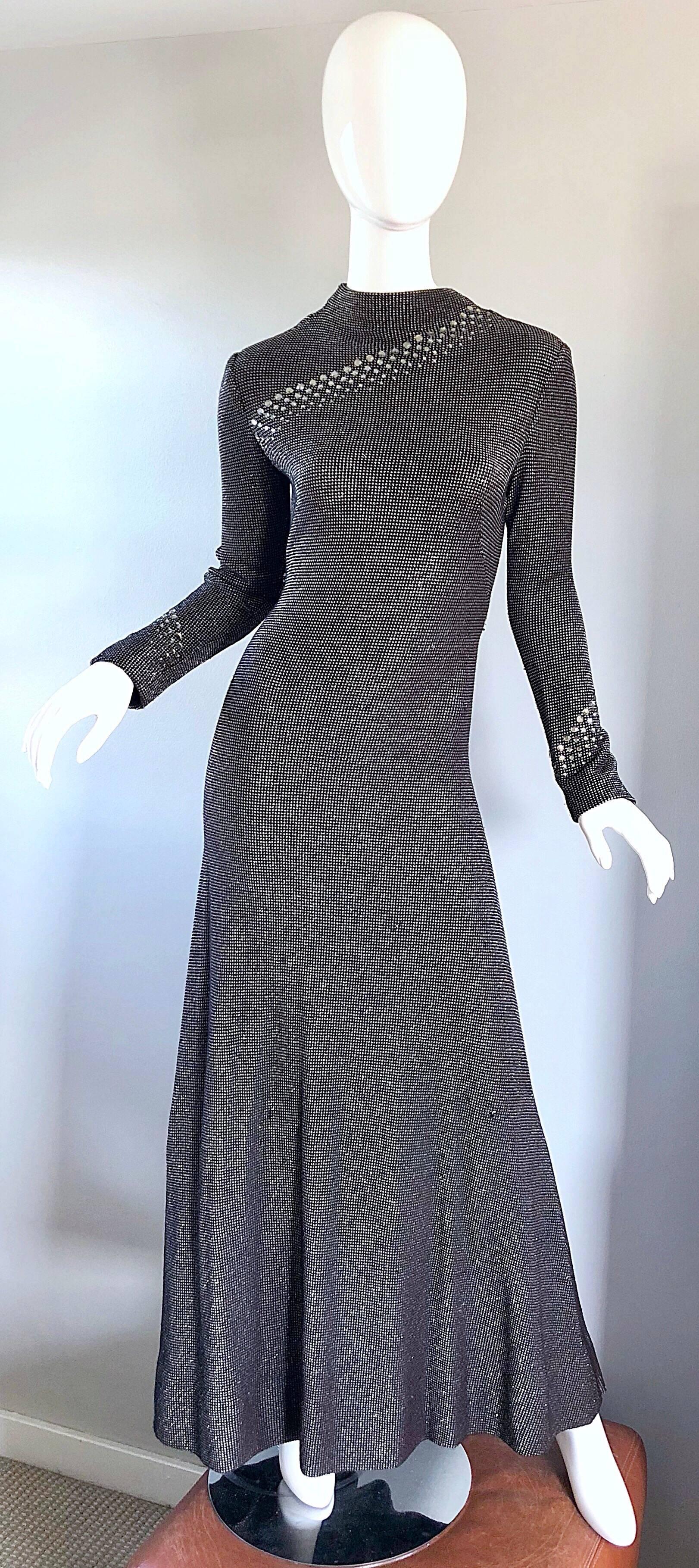 Pauline Trigere 1970s Black, White, Brown Rhinestone Encrusted Vintage 70s Gown For Sale 4