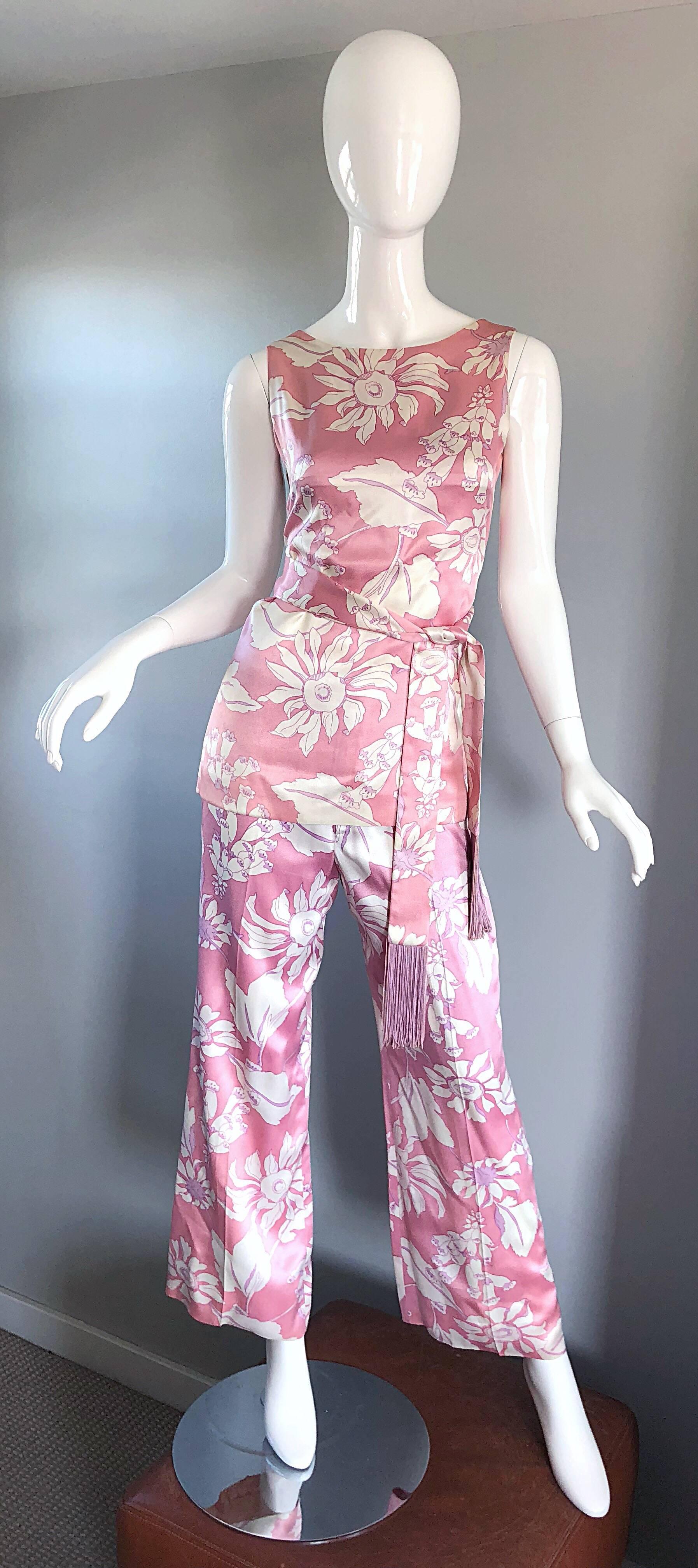 Beige Geoffrey Beene Vintage 1970s Pink + White Four Piece Silk Pants Top Belt & Shawl For Sale
