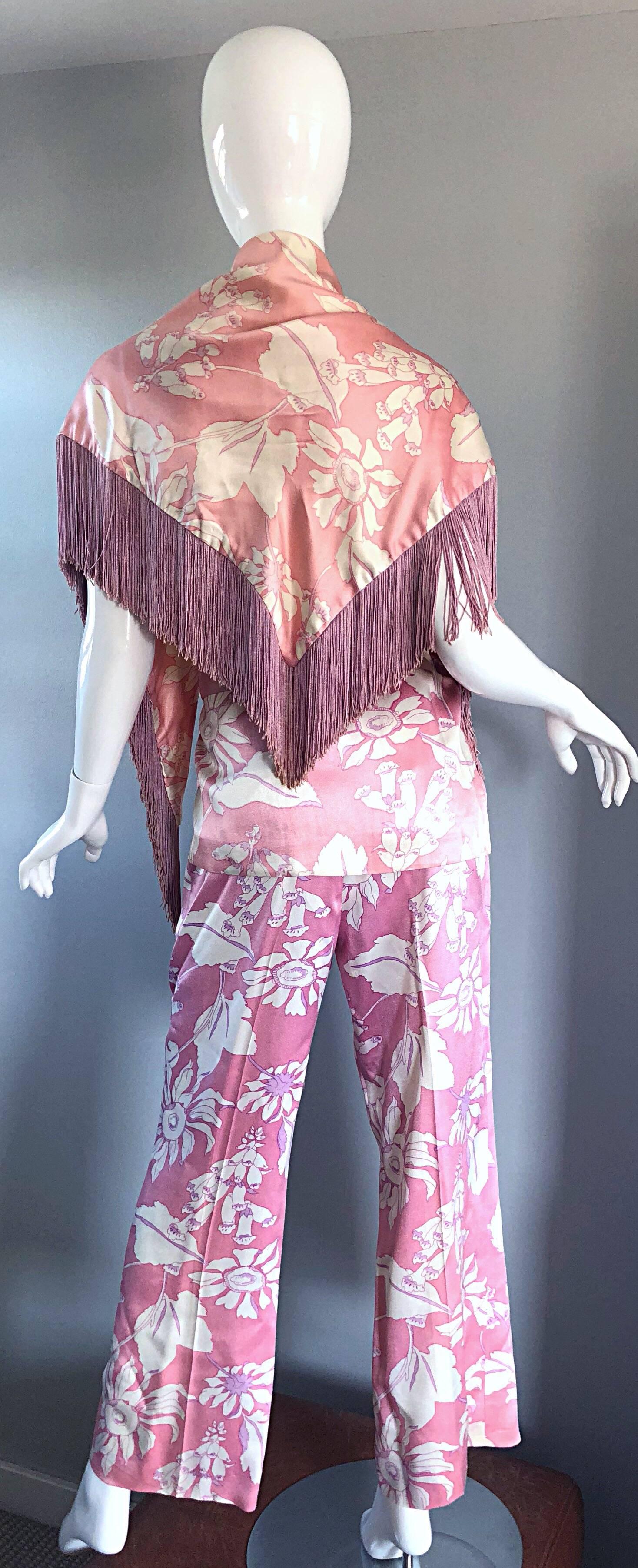 Geoffrey Beene Vintage 1970s Pink + White Four Piece Silk Pants Top Belt & Shawl In Excellent Condition For Sale In San Diego, CA