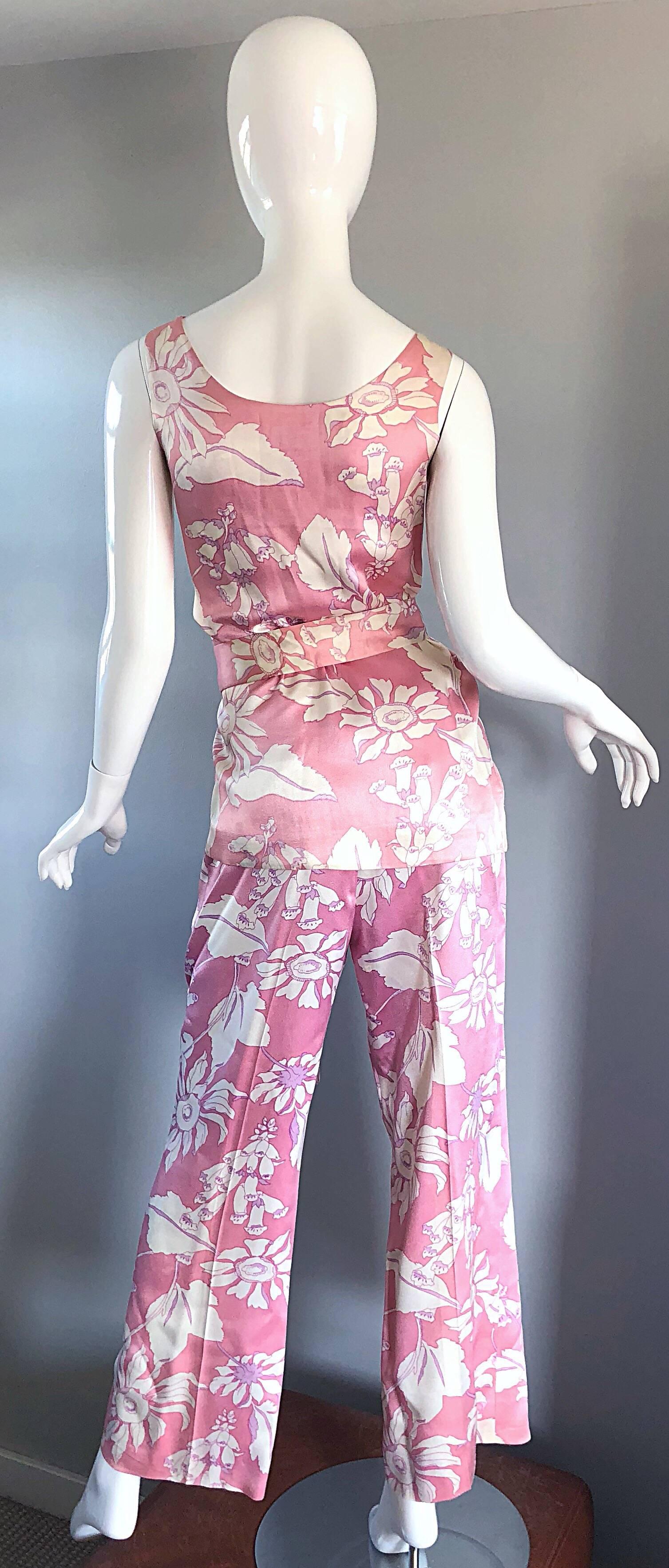 Women's Geoffrey Beene Vintage 1970s Pink + White Four Piece Silk Pants Top Belt & Shawl For Sale