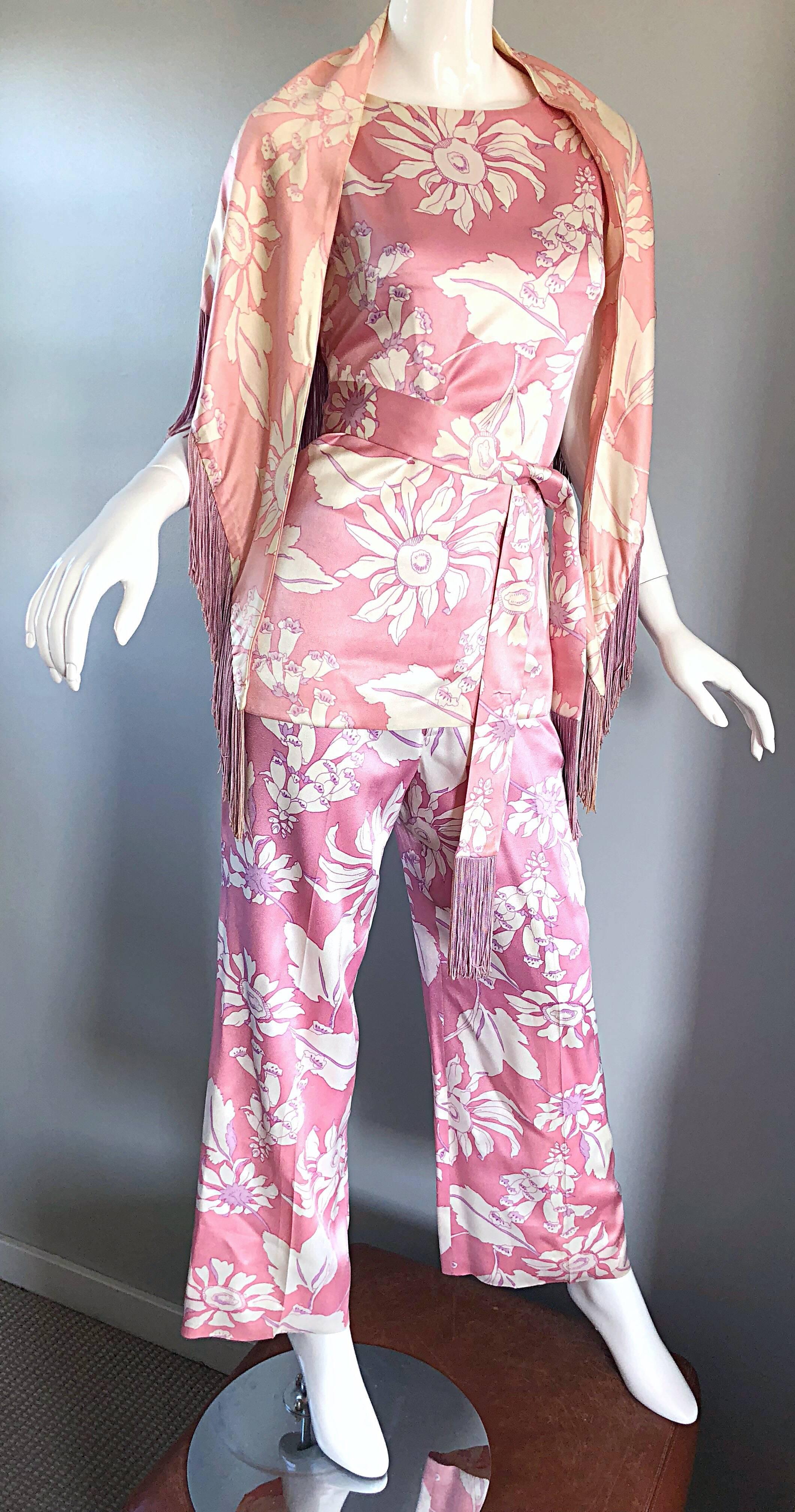 Geoffrey Beene Vintage 1970s Pink + White Four Piece Silk Pants Top Belt & Shawl For Sale 1