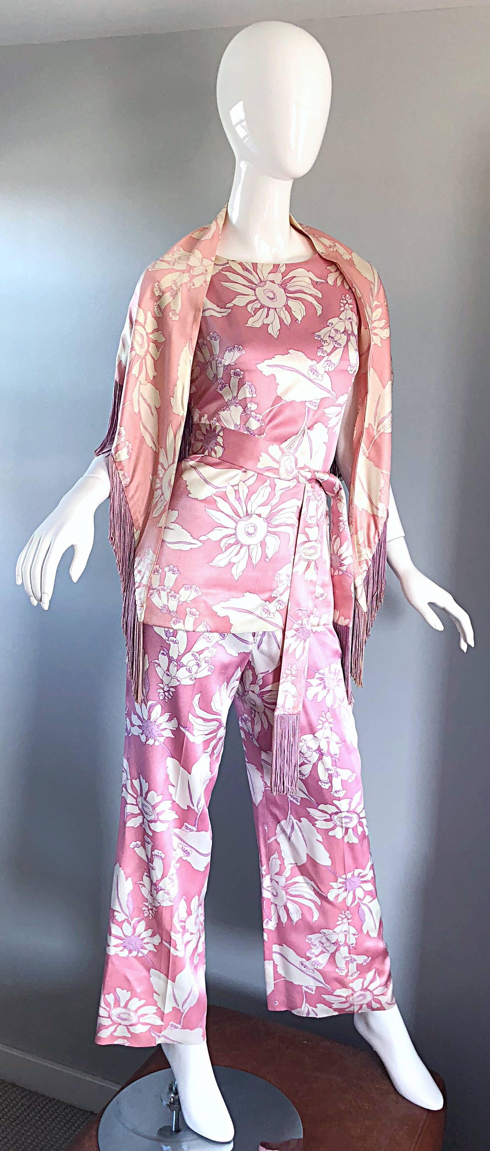 Geoffrey Beene Vintage 1970s Pink + White Four Piece Silk Pants Top Belt & Shawl For Sale 3