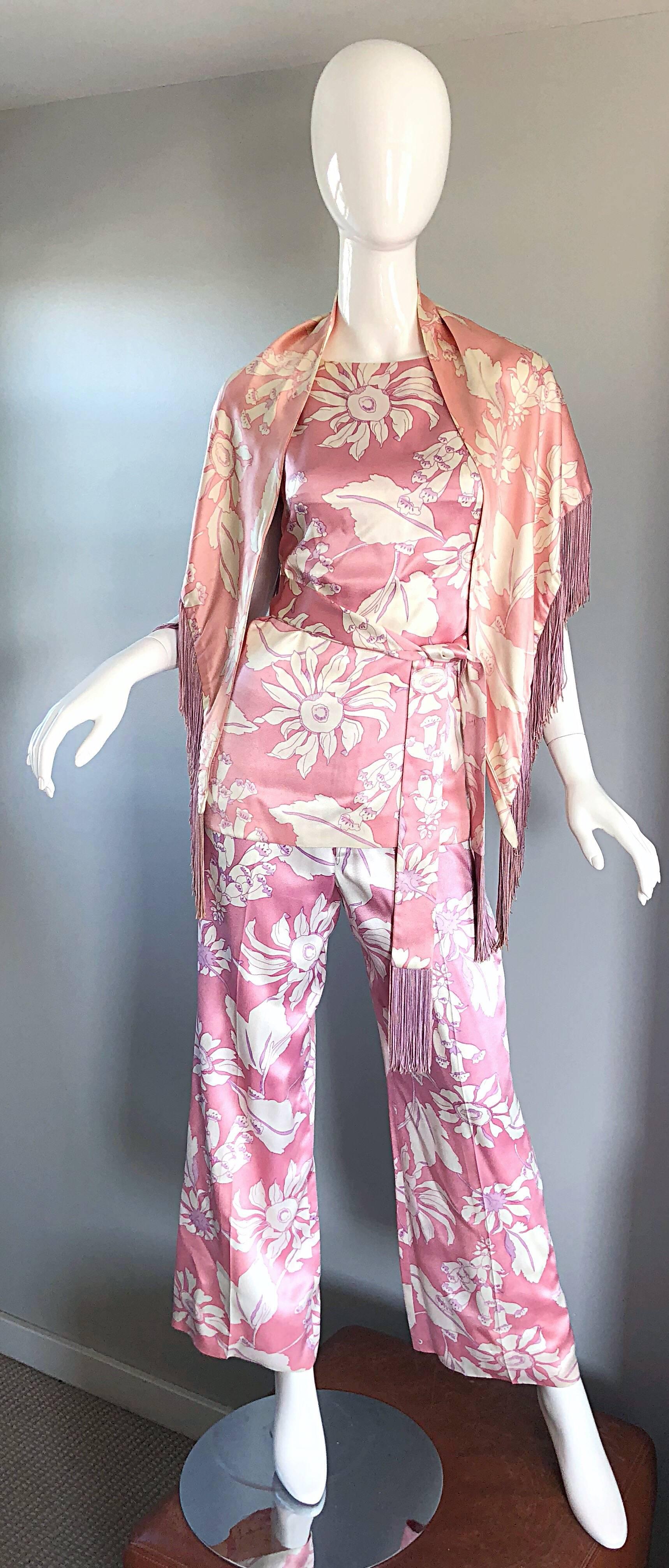 Geoffrey Beene Vintage 1970s Pink + White Four Piece Silk Pants Top Belt & Shawl For Sale 4