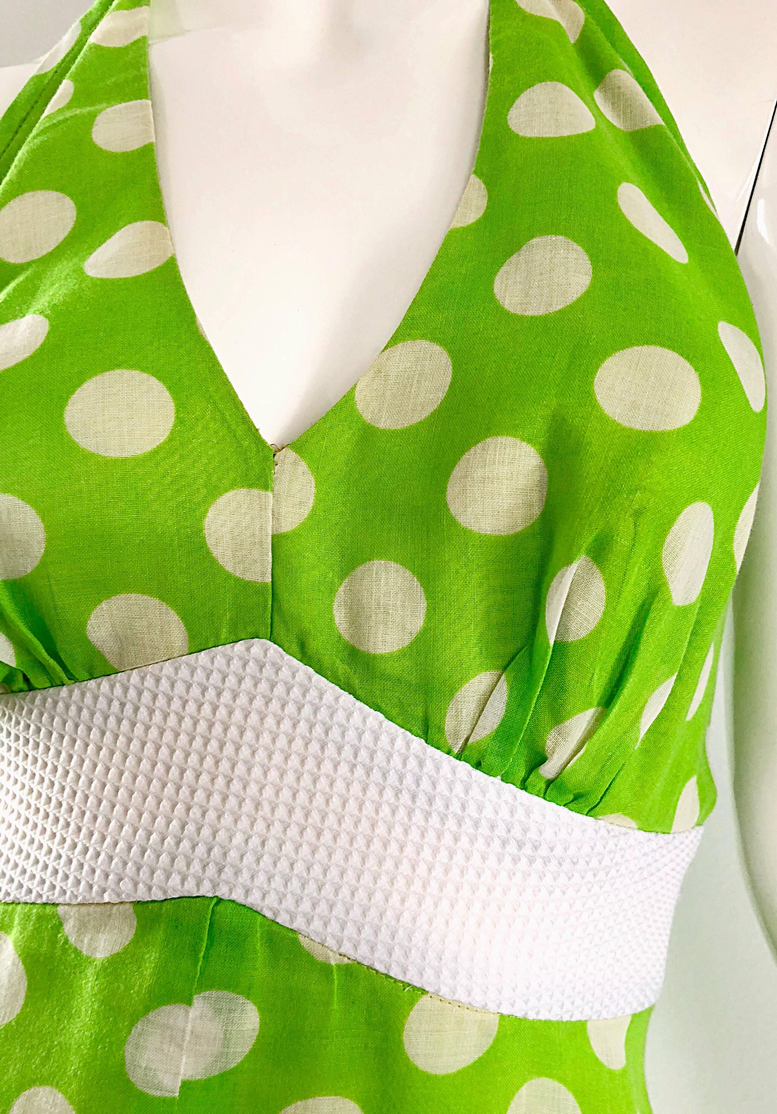 Vert Vintage Lime Green + White Polka Dot 1990 Cotton Voile 90s Halter Mini Dress en vente