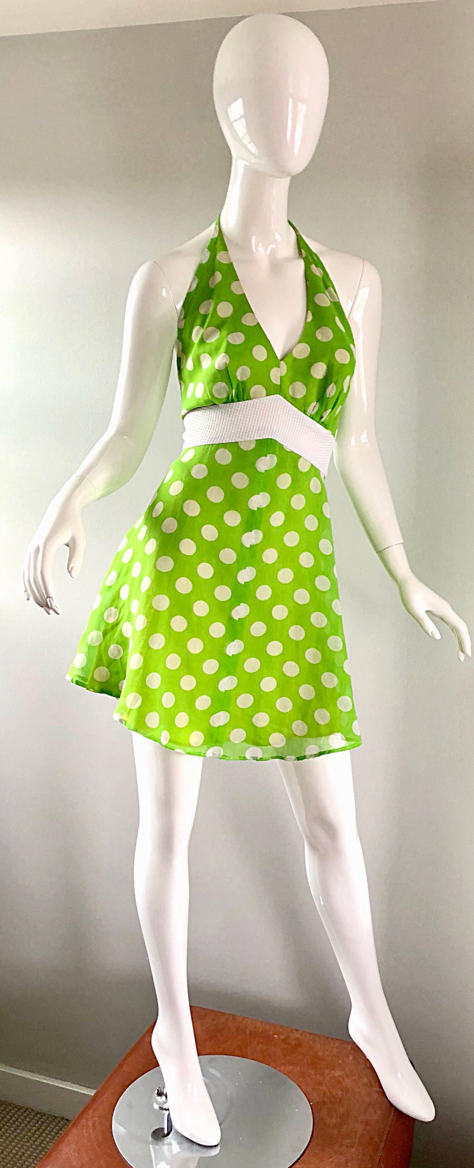 Vintage Lime Green + White Polka Dot 1990 Cotton Voile 90s Halter Mini Dress en vente 1