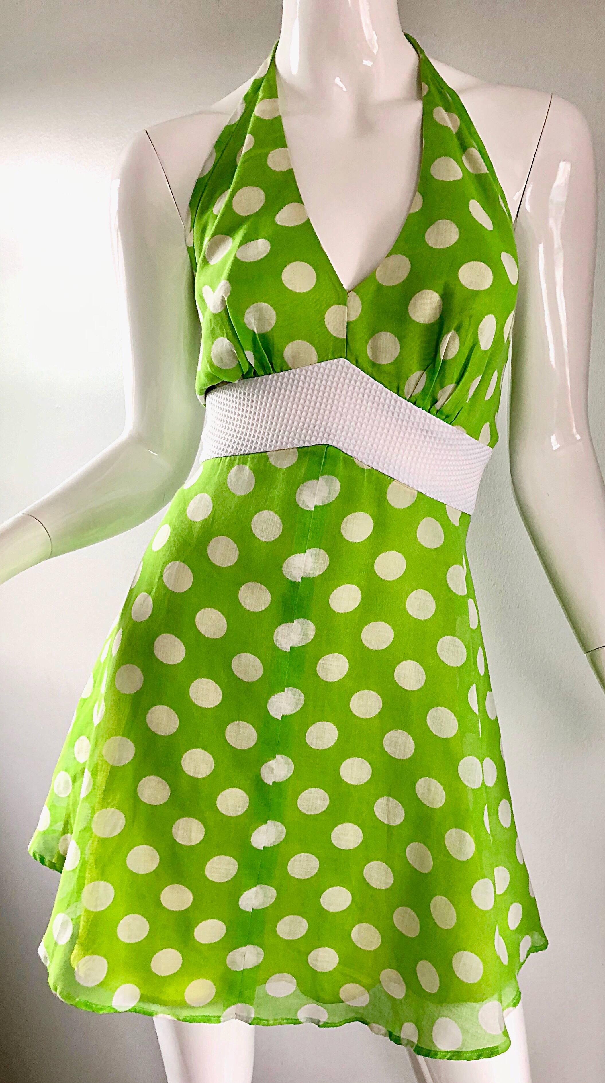 Women's Vintage Lime Green + White Polka Dot 1990s Cotton Voile 90s Halter Mini Dress For Sale