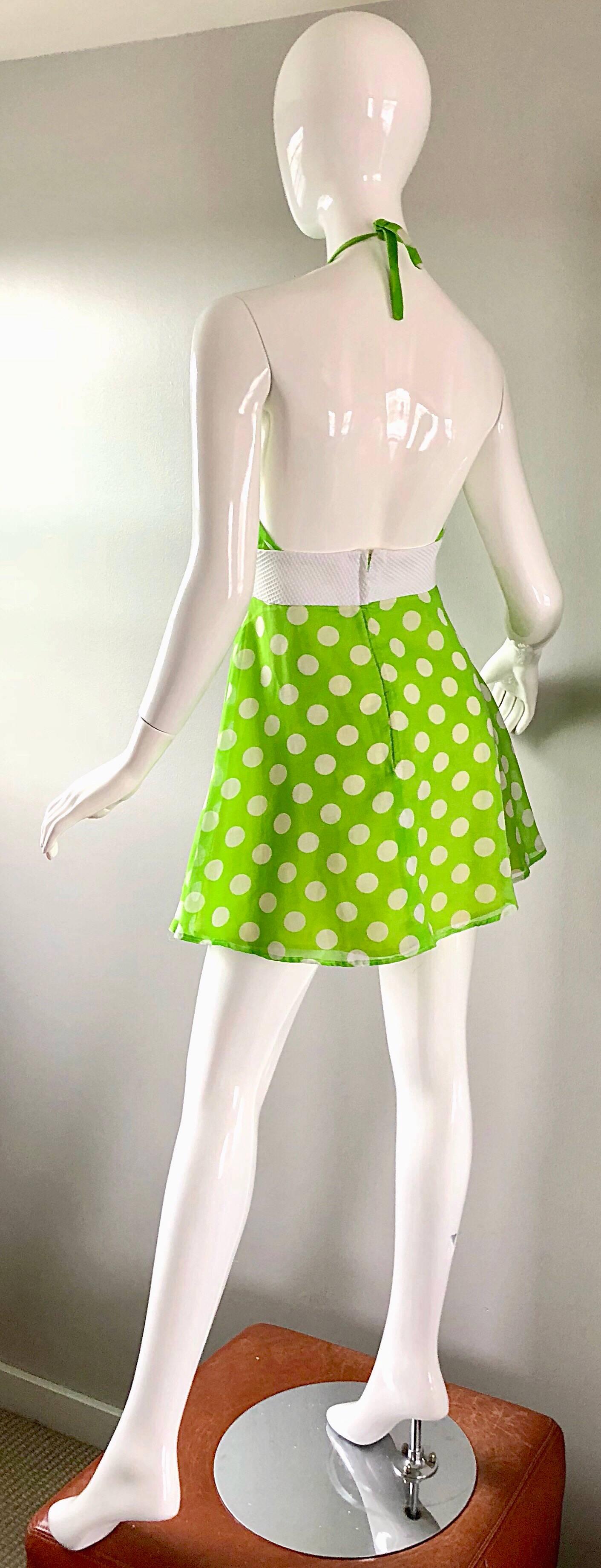 Vintage Lime Green + White Polka Dot 1990s Cotton Voile 90s Halter Mini Dress For Sale 1