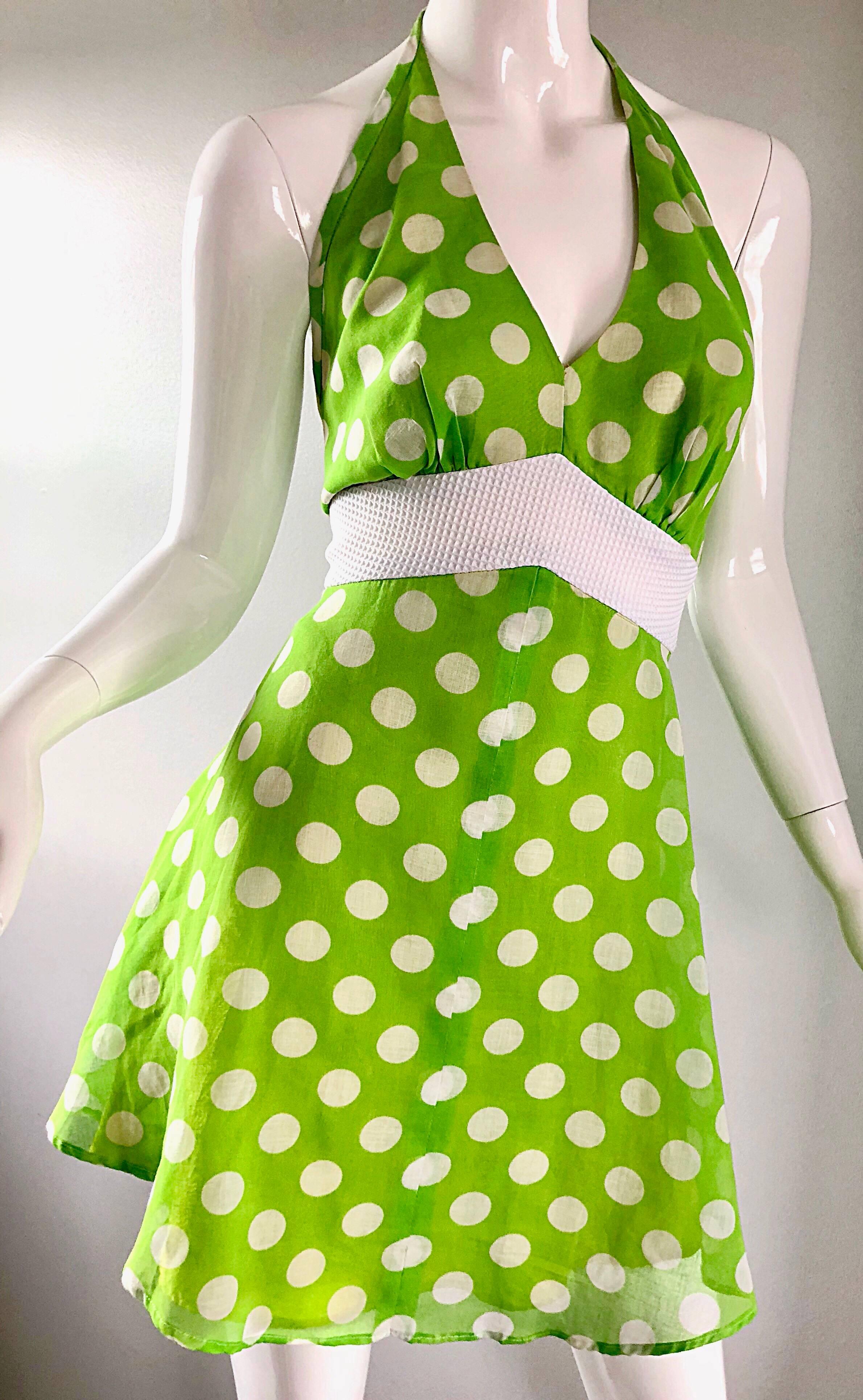 Vintage Lime Green + White Polka Dot 1990s Cotton Voile 90s Halter Mini Dress For Sale 2