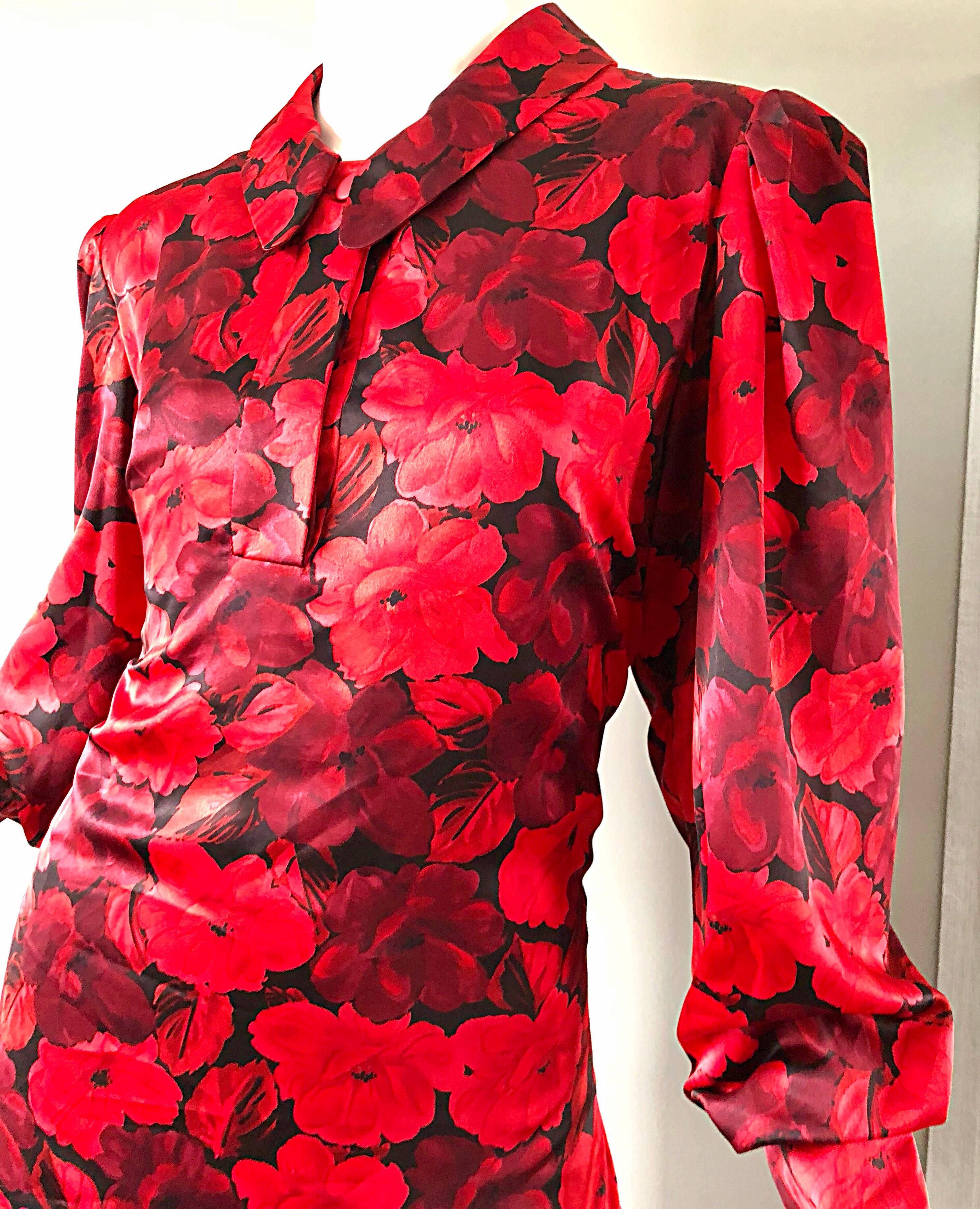 Robe vintage NIna Ricci Taille 14 / 16 rouge noire style garçonne à fleurs et taille tombante en vente 1