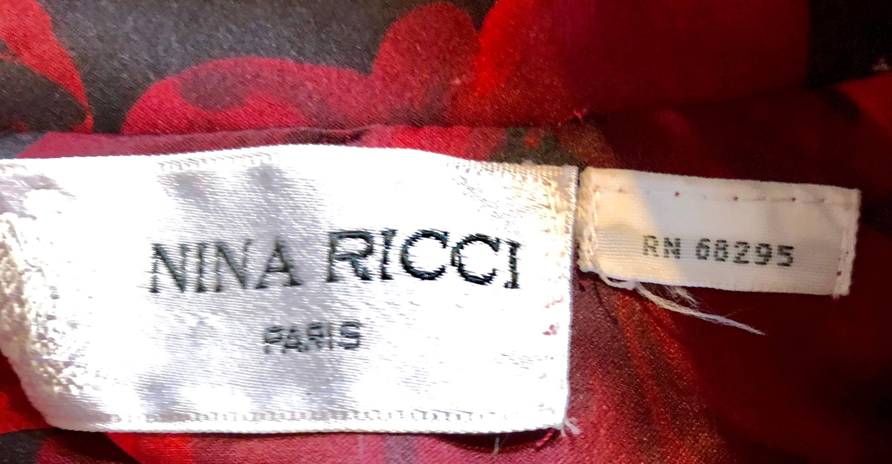 Robe vintage NIna Ricci Taille 14 / 16 rouge noire style garçonne à fleurs et taille tombante en vente 5