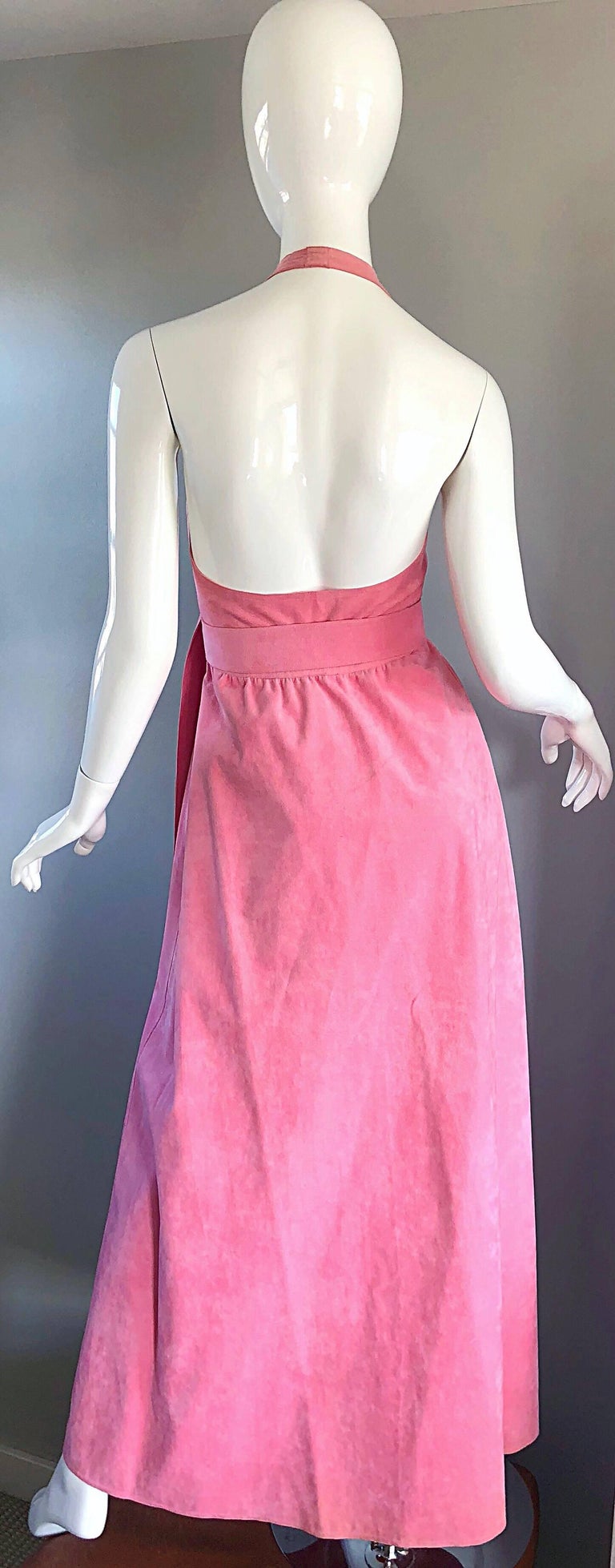 1970s Halston Bubblegum Pink Ultrasuede Vintage 70s Halter Wrap Maxi