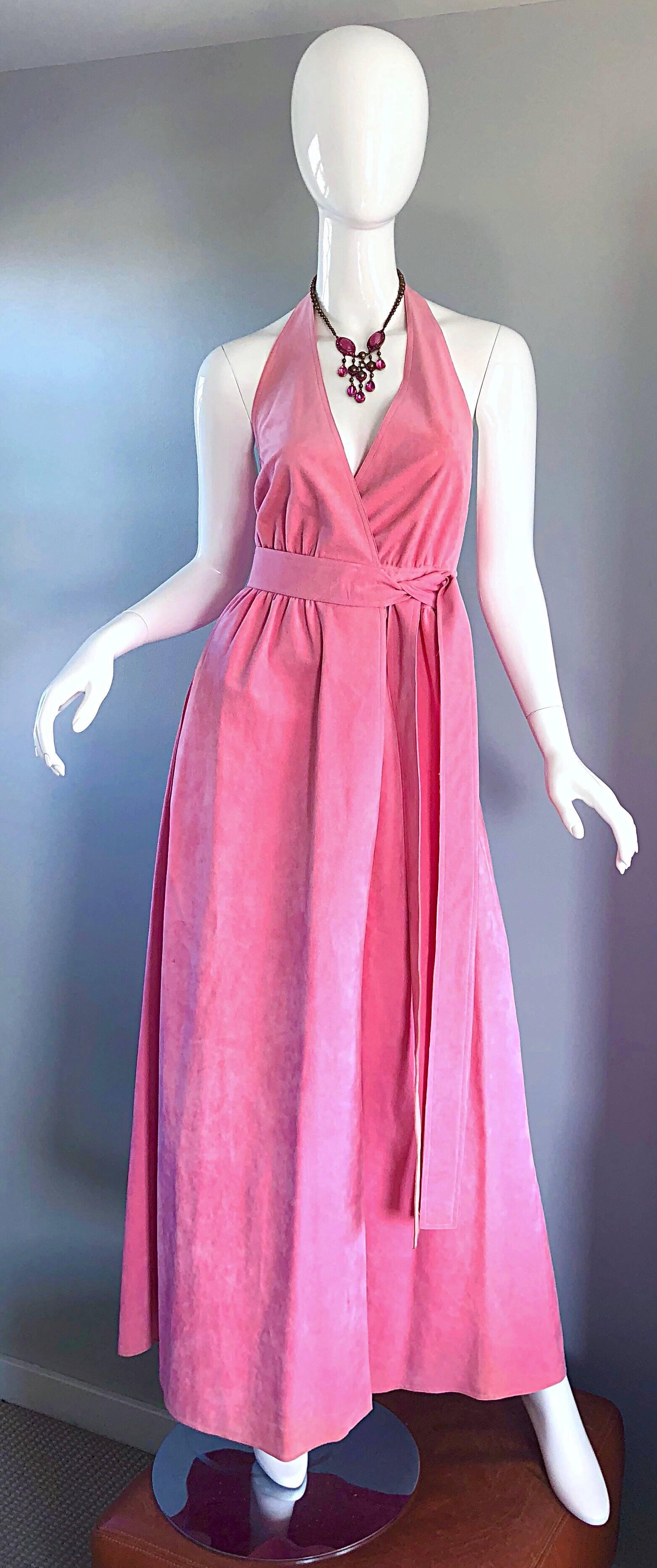 Sexy and iconic 1970s HALSTON bubblegum pink ultra suede halter maxi dress! Roy Halston was known for being the first fashion designer to incorporate this soft durable fabric into wearable fashion. Fellow designers, including Bill Blass, Geoffrey