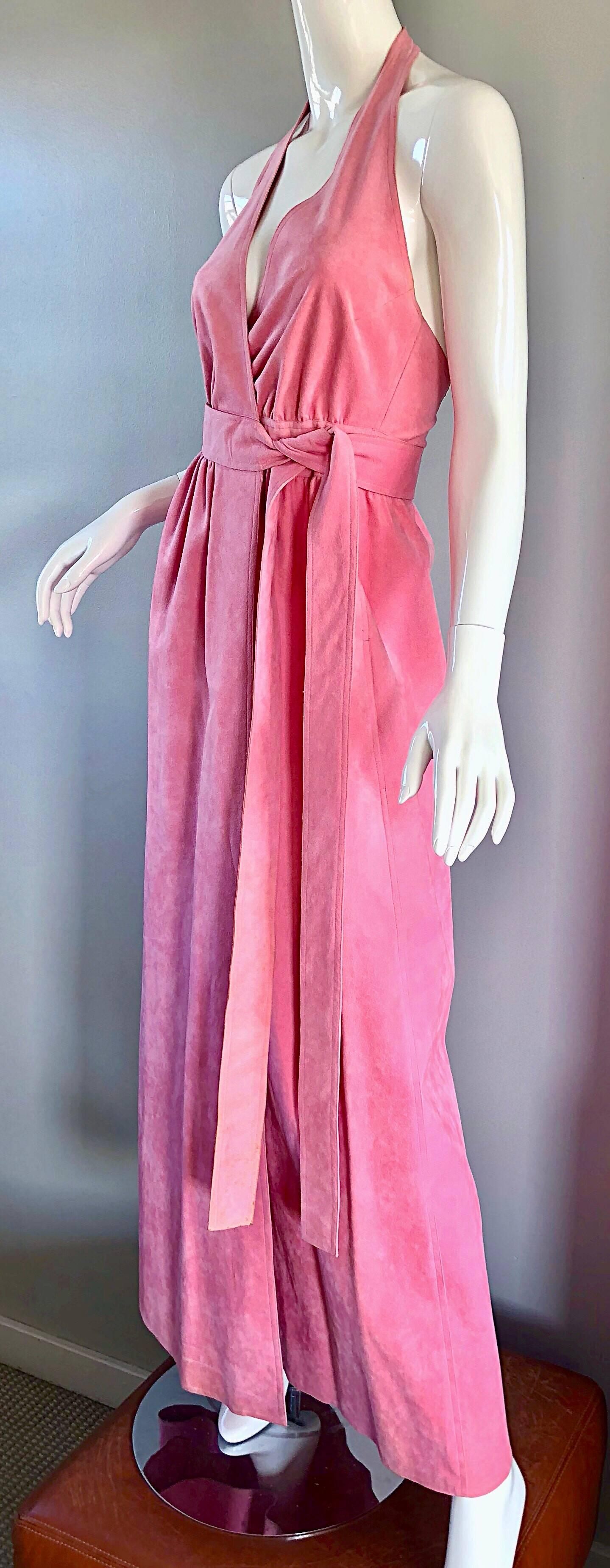 1970s Halston Bubblegum Pink Ultrasuede Vintage 70s Halter Wrap Maxi Dress  In Excellent Condition In San Diego, CA