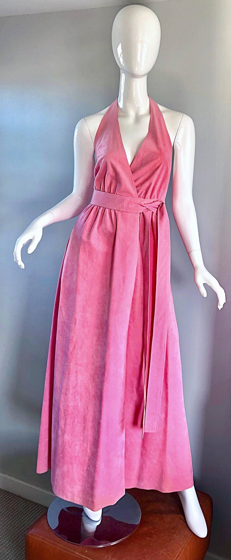 1970s Halston Bubblegum Pink Ultrasuede Vintage 70s Halter Wrap Maxi Dress