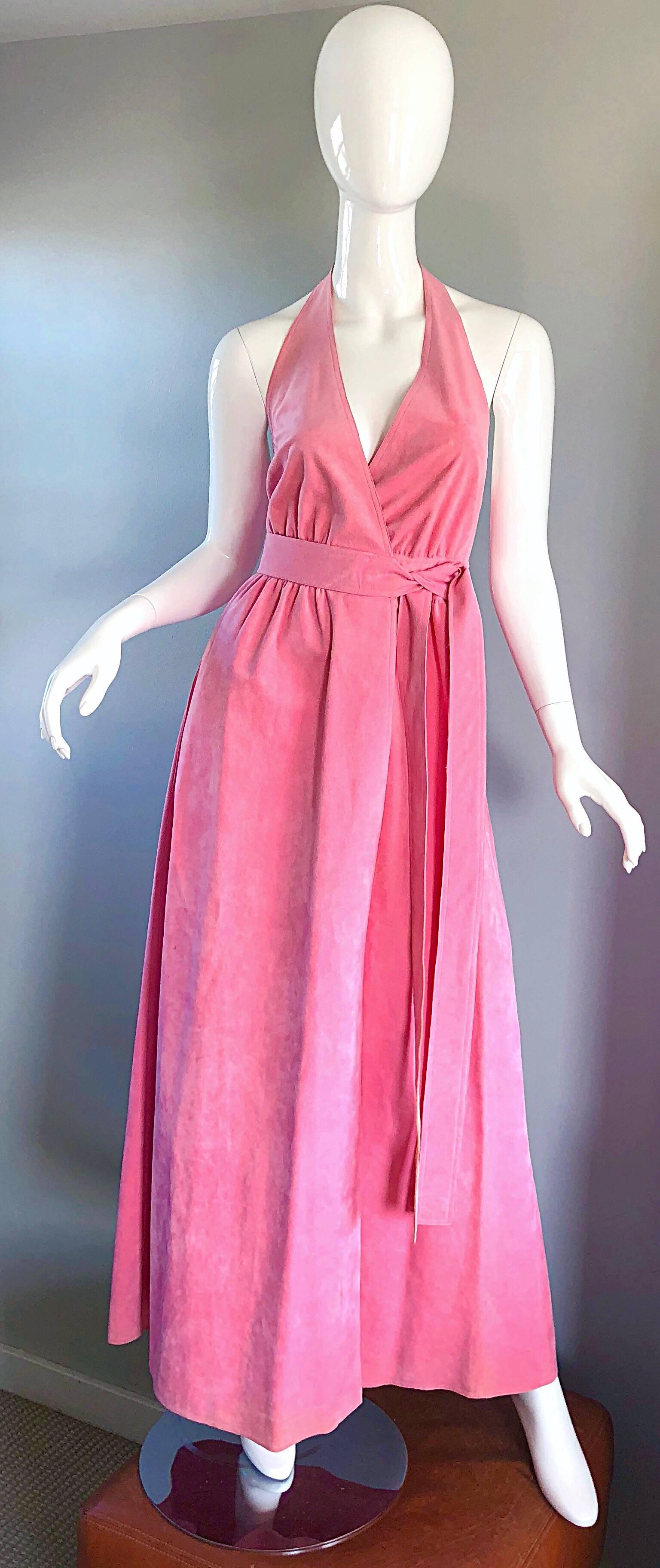 1970s Halston Bubblegum Pink Ultrasuede Vintage 70s Halter Wrap Maxi Dress  2