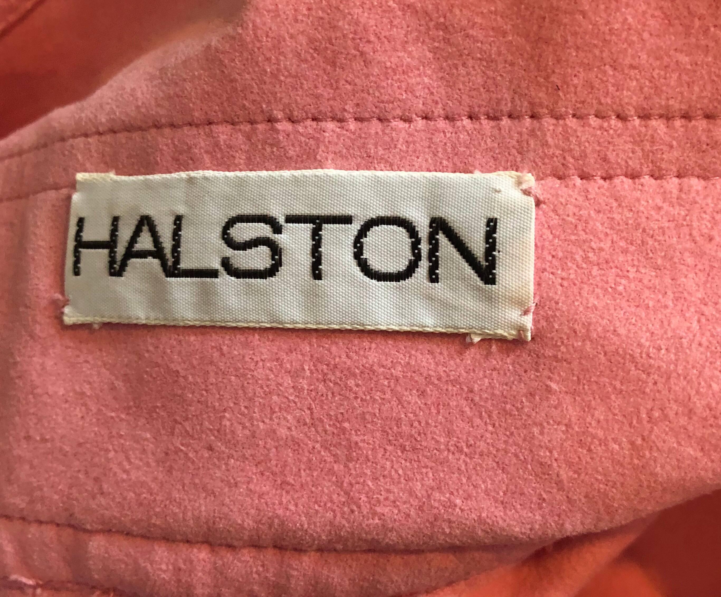 1970s Halston Bubblegum Pink Ultrasuede Vintage 70s Halter Wrap Maxi Dress 3