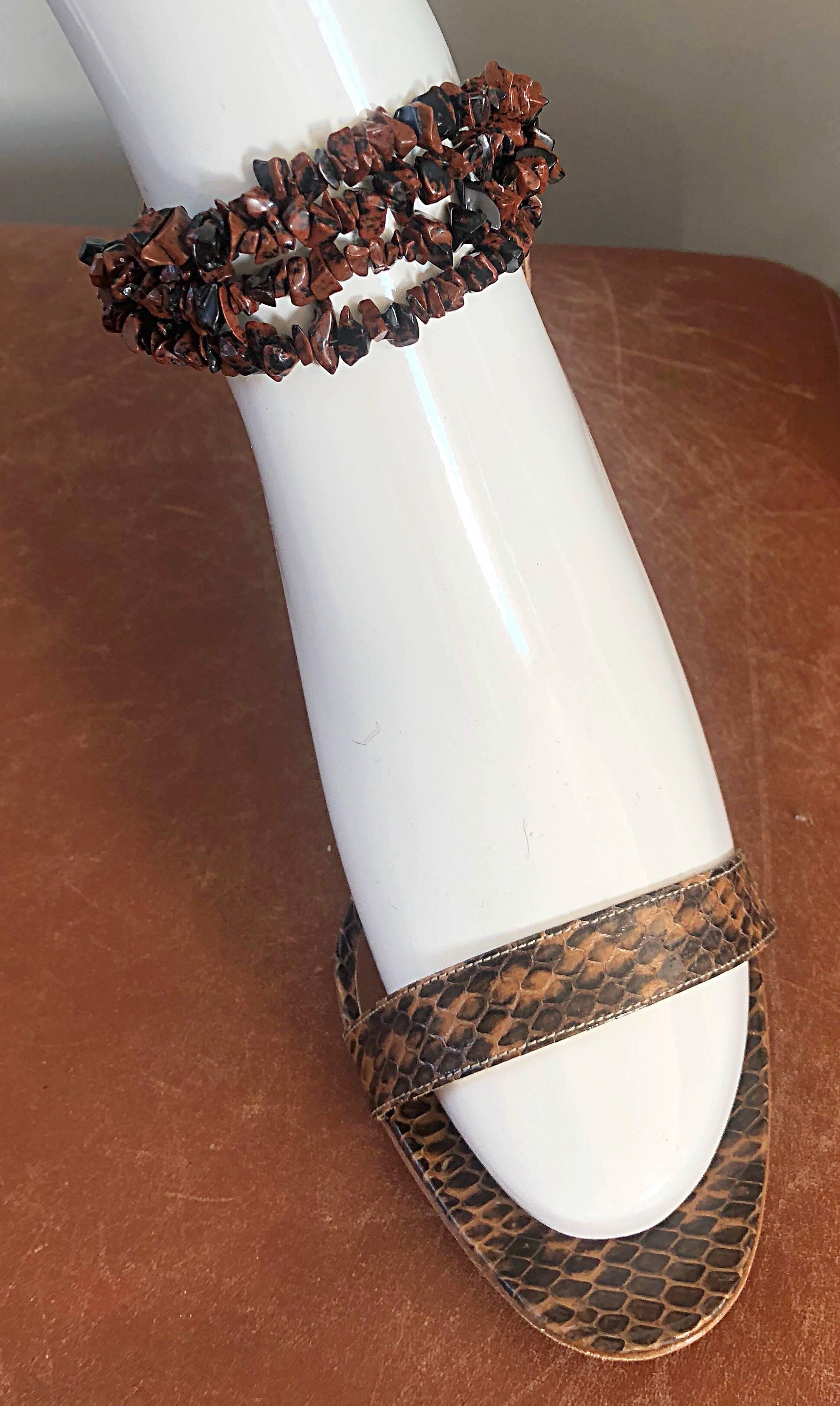 Women's New Y2K Manolo Blahnik Brown Snake Skin Python Sz 40.5 US 10 High Heel Sandals For Sale