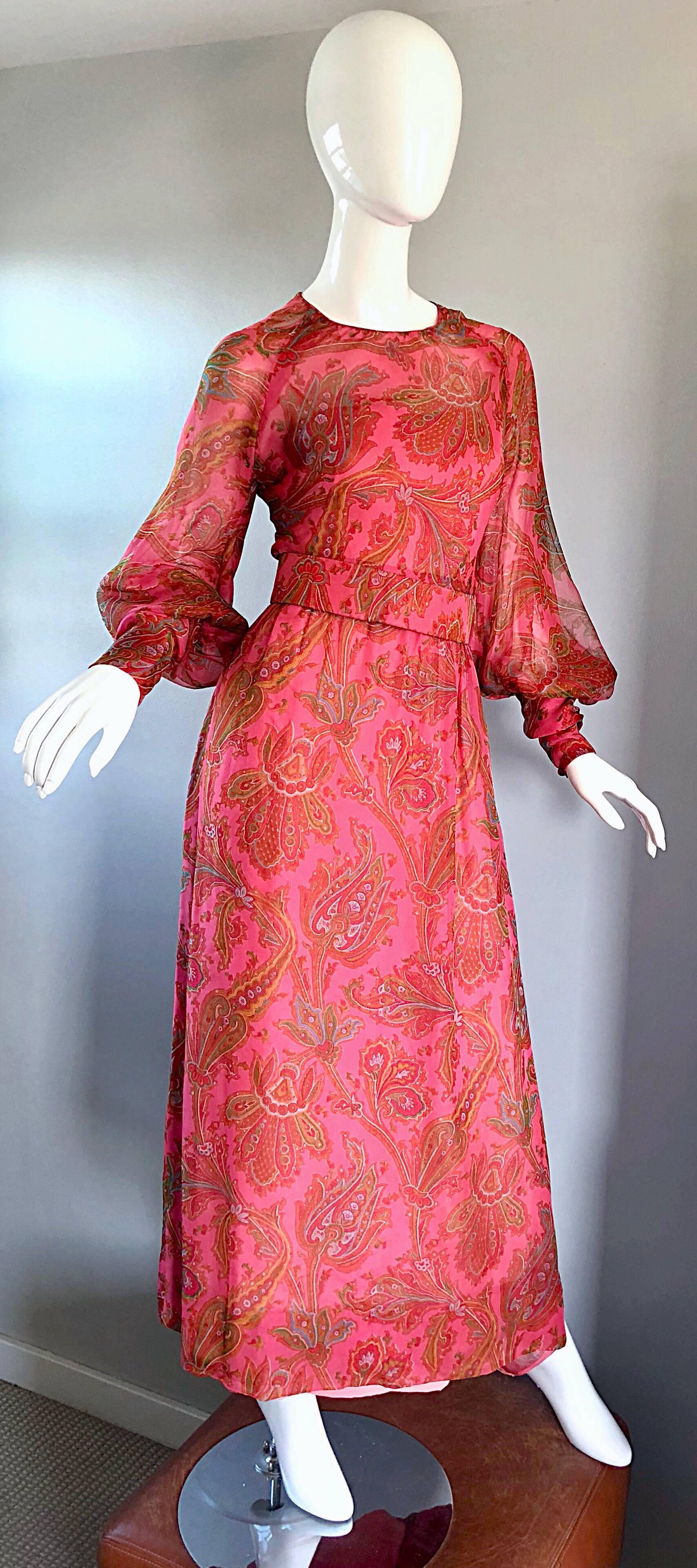 Adele Simpson 1970s Pink Silk Chiffon Paisley Bishop Sleeve Vintage Maxi Dress In Good Condition In San Diego, CA