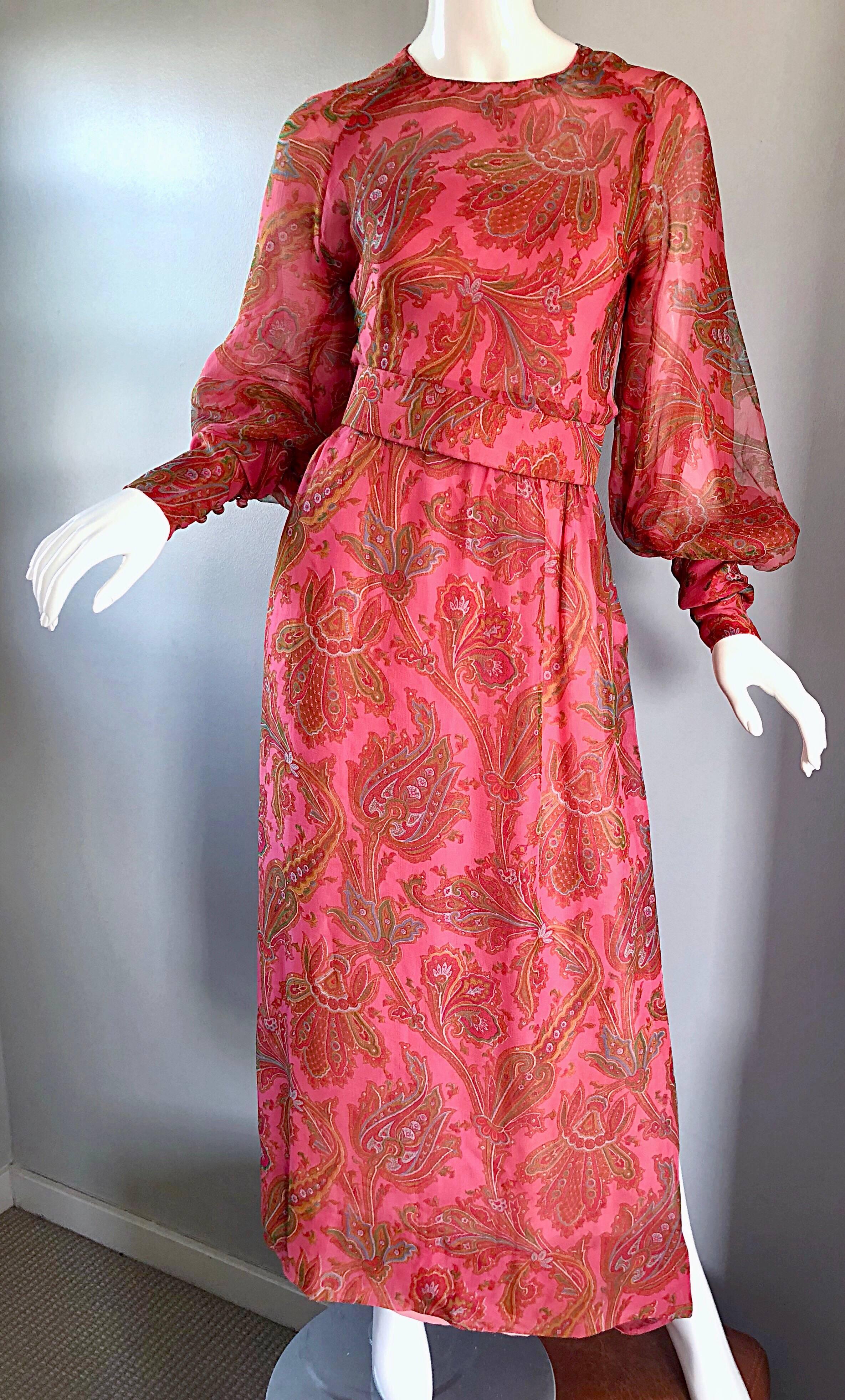 Women's Adele Simpson 1970s Pink Silk Chiffon Paisley Bishop Sleeve Vintage Maxi Dress