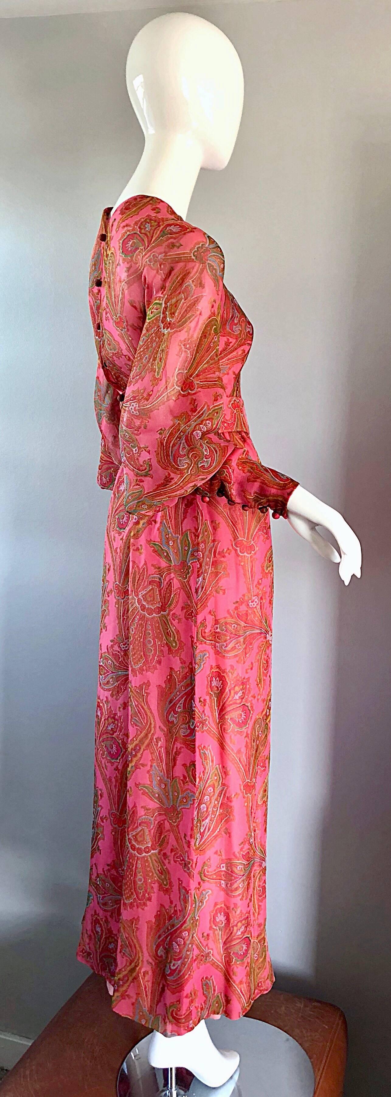 Adele Simpson 1970s Pink Silk Chiffon Paisley Bishop Sleeve Vintage Maxi Dress 1