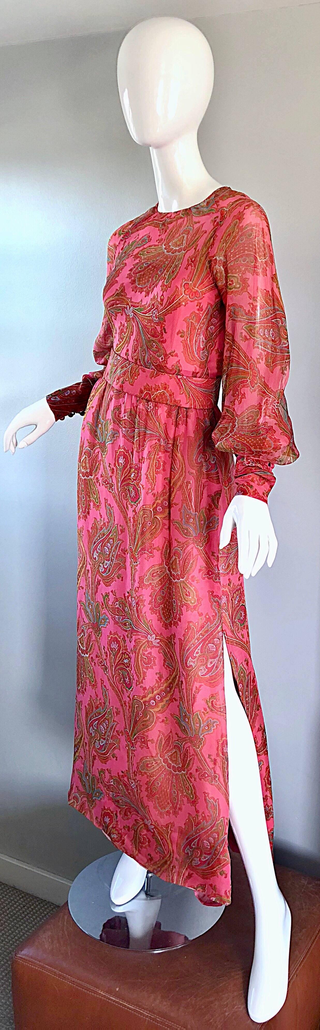 Adele Simpson 1970s Pink Silk Chiffon Paisley Bishop Sleeve Vintage Maxi Dress 2