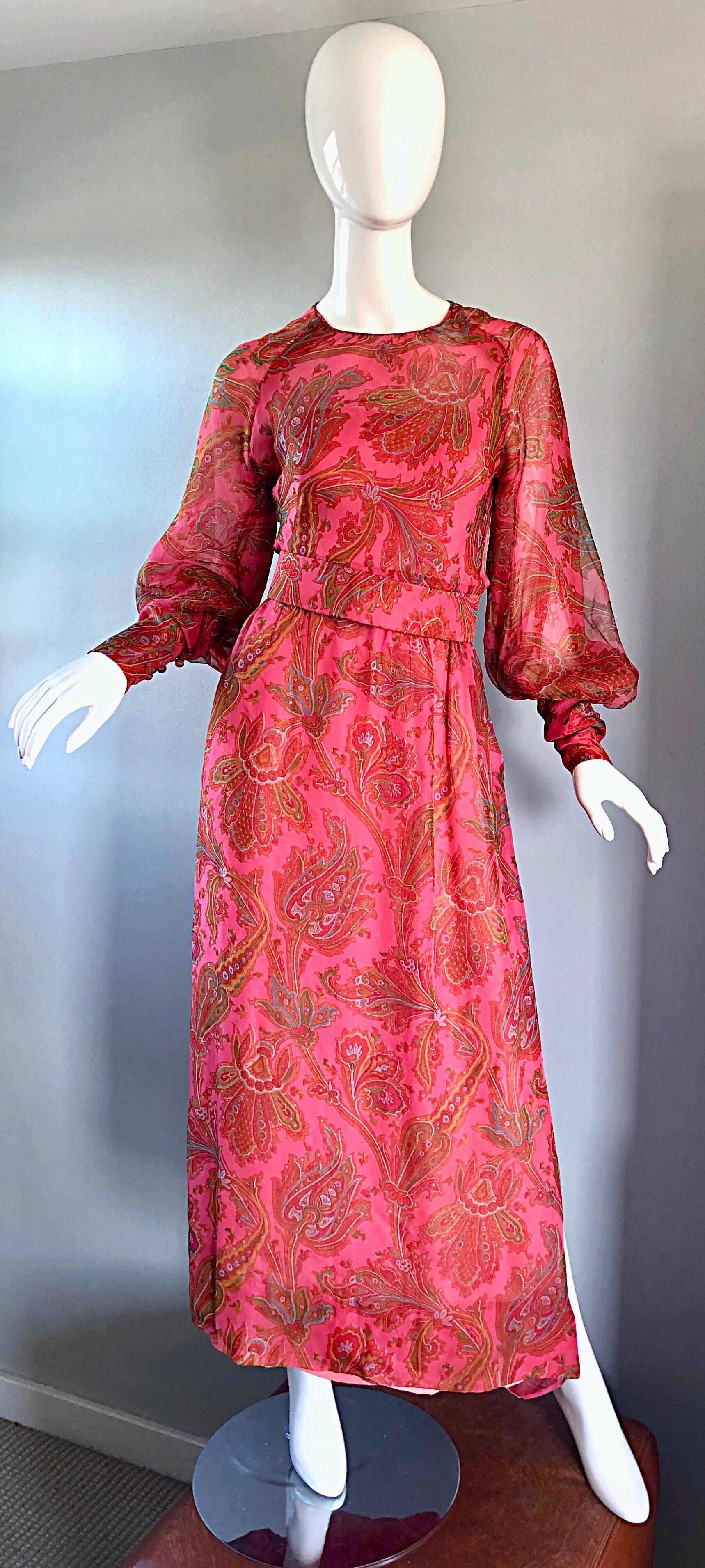 Adele Simpson 1970s Pink Silk Chiffon Paisley Bishop Sleeve Vintage Maxi Dress 3