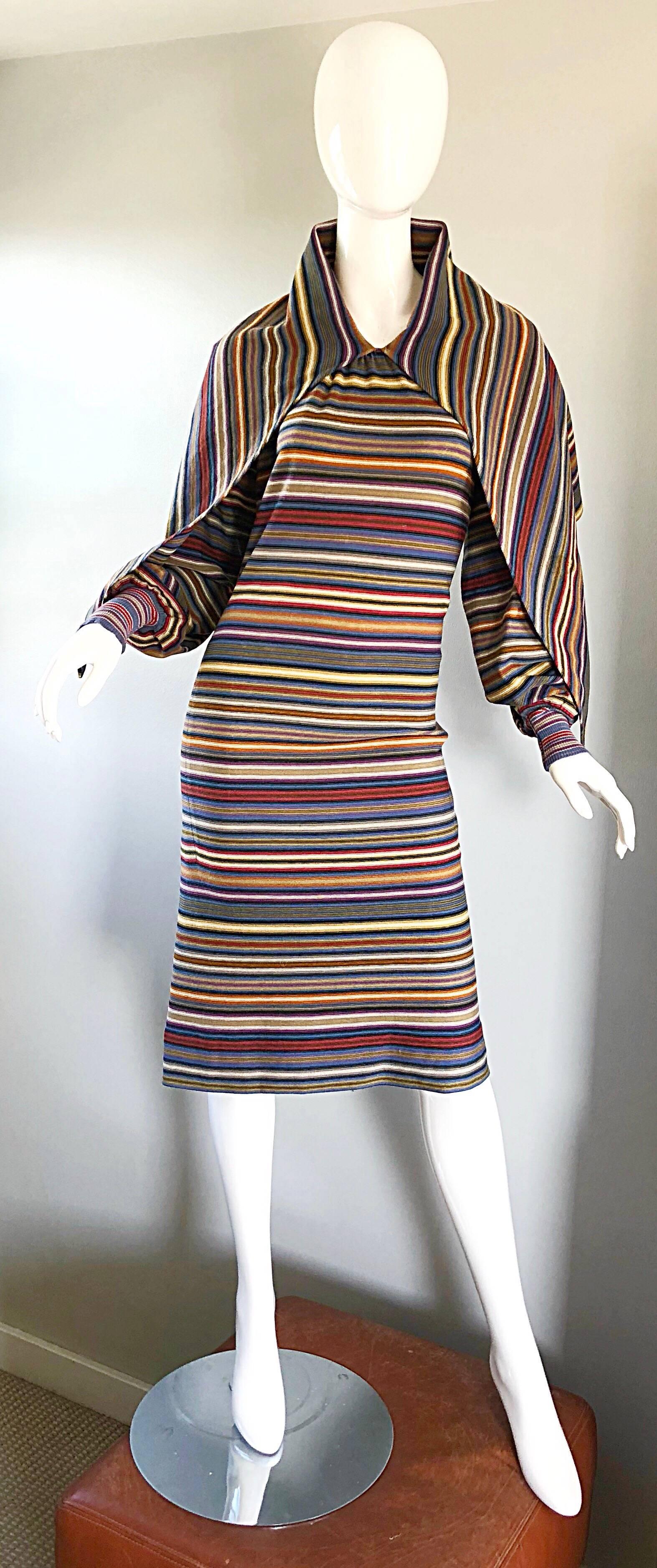 Rare vintage 1970s MISSONI for BONWIT TELLER long sleeve striped wool dress, with attached cape! Defintely a musuem worthy piece! Features signature Missoni colors in purple, blue, yellow, orange, red, ivory, and green. Attached cape drapes across