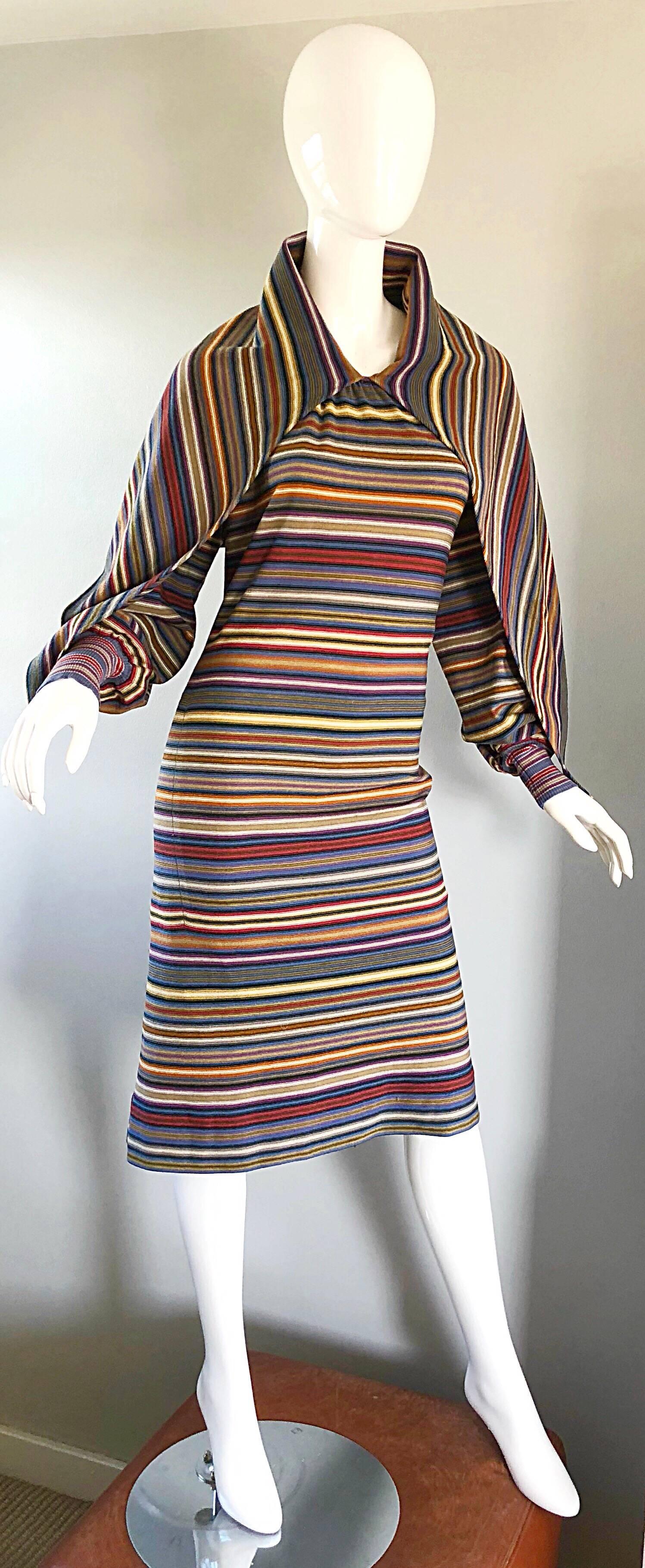 Missoni Vintage 1970s Rare Striped Wool Long Sleeve 70s Cape Dress Bonwit Teller In Good Condition In San Diego, CA