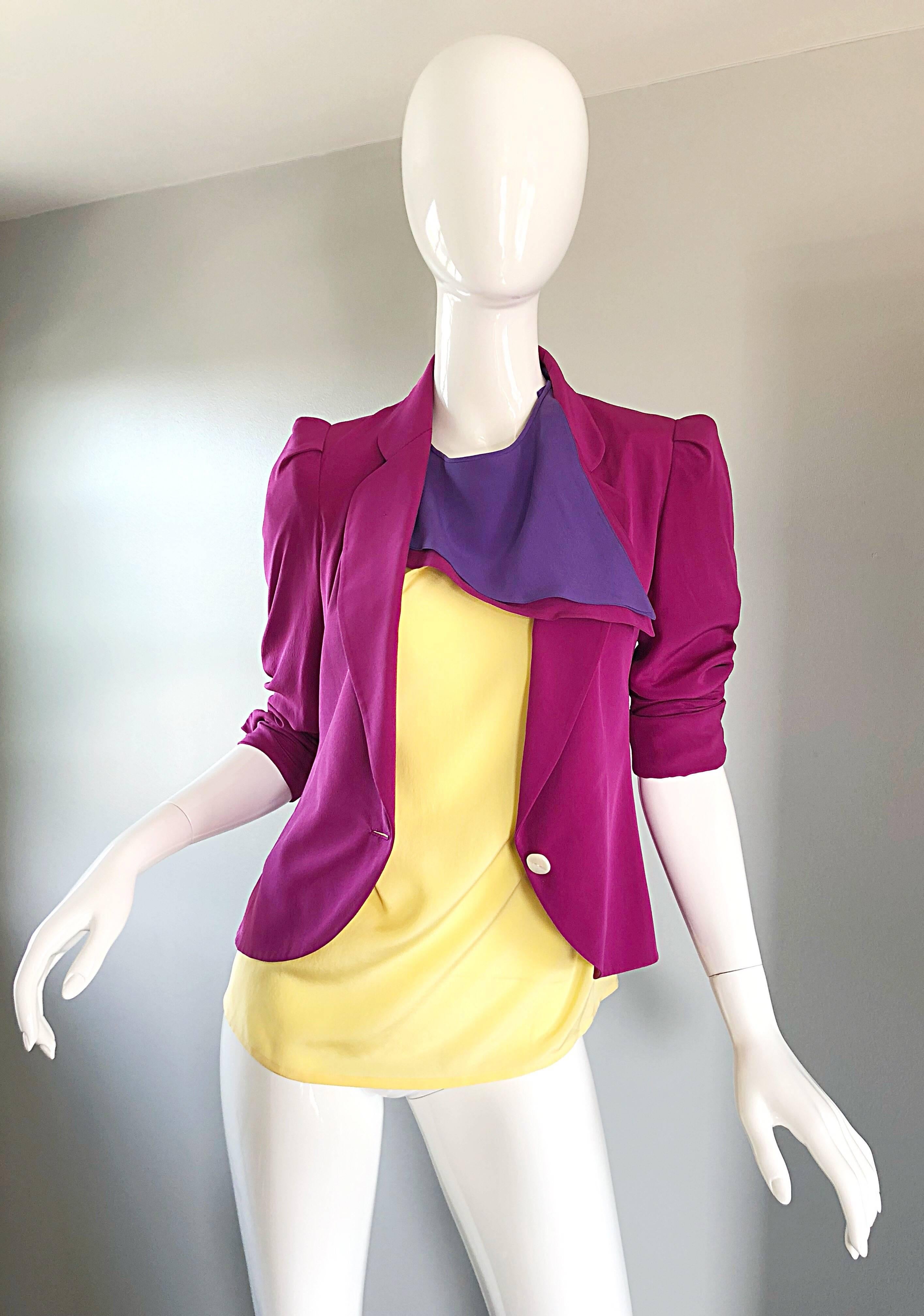 Women's Salvatore Ferragomo Vintage Fuchsia + Yellow Colorblock Blouse + Blazer Jacket For Sale