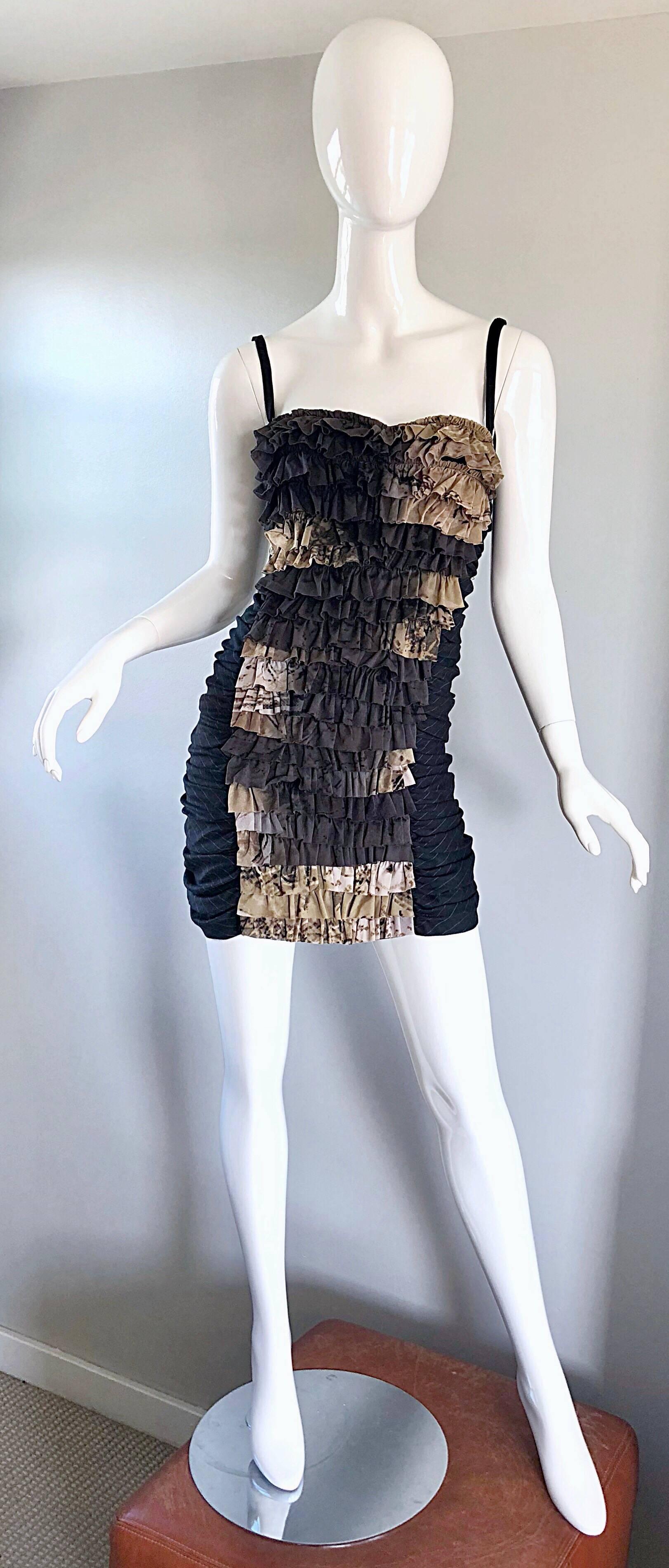 Sexy MARIE GRAZIA PANIZZI Avant garde pinstripe convertible strap mini dress! Features a deep charcoal grey / black ruched pinstripe soft cotton/rayon blend fabric. Tan, beige, grey, ivory, and snakeskin print mesh ruffles on the center front. Full