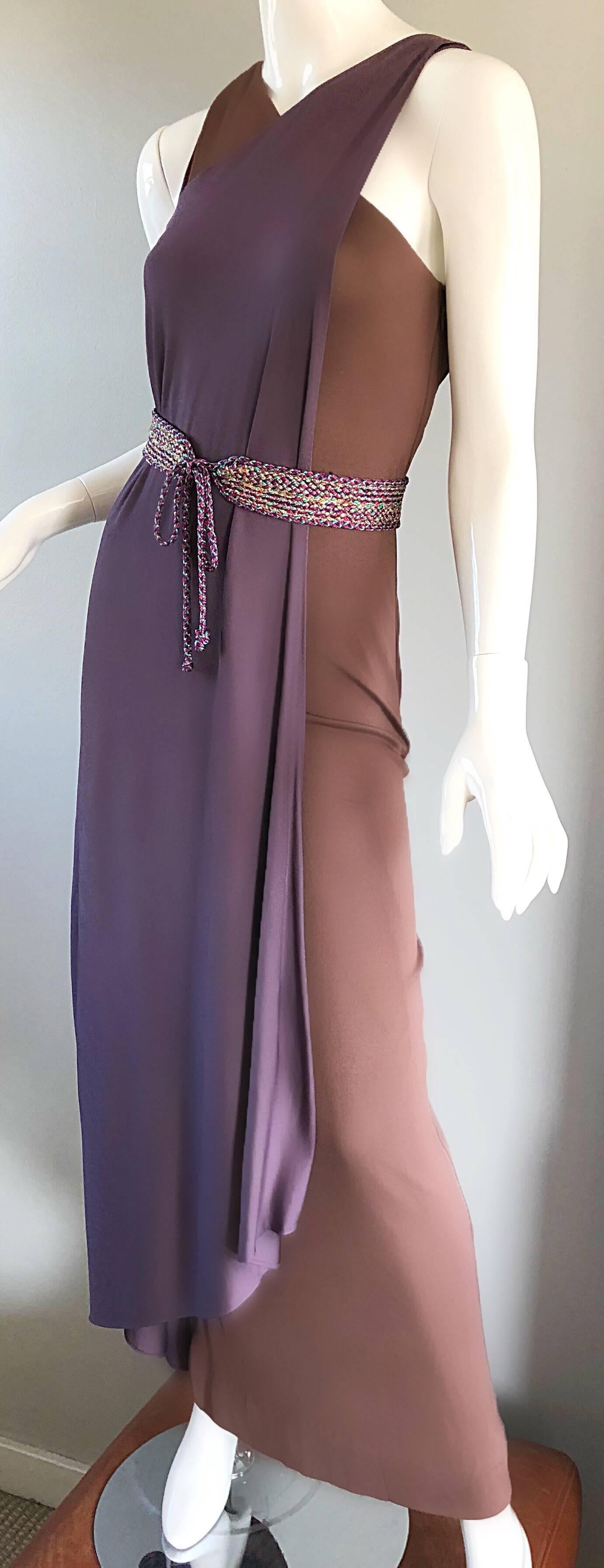 Gray Vintage Bill Blass 1970s Purple + Brown Grecian Inspired Silk Jersey Belted Gown