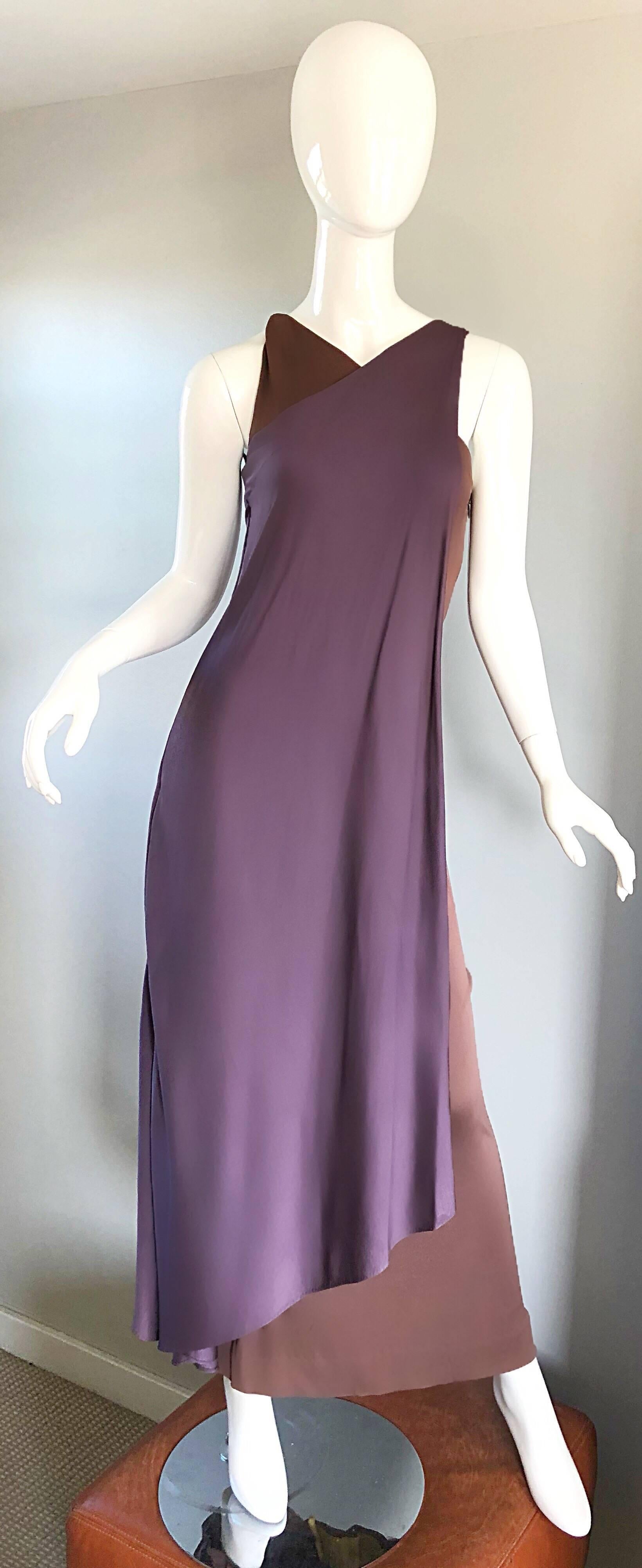 Vintage Bill Blass 1970s Purple + Brown Grecian Inspired Silk Jersey Belted Gown In Excellent Condition In San Diego, CA