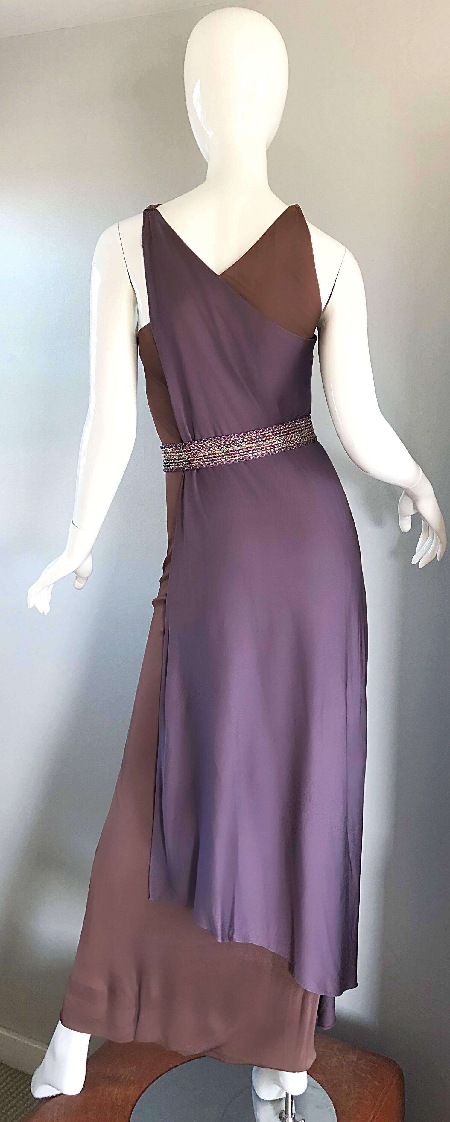 Women's Vintage Bill Blass 1970s Purple + Brown Grecian Inspired Silk Jersey Belted Gown