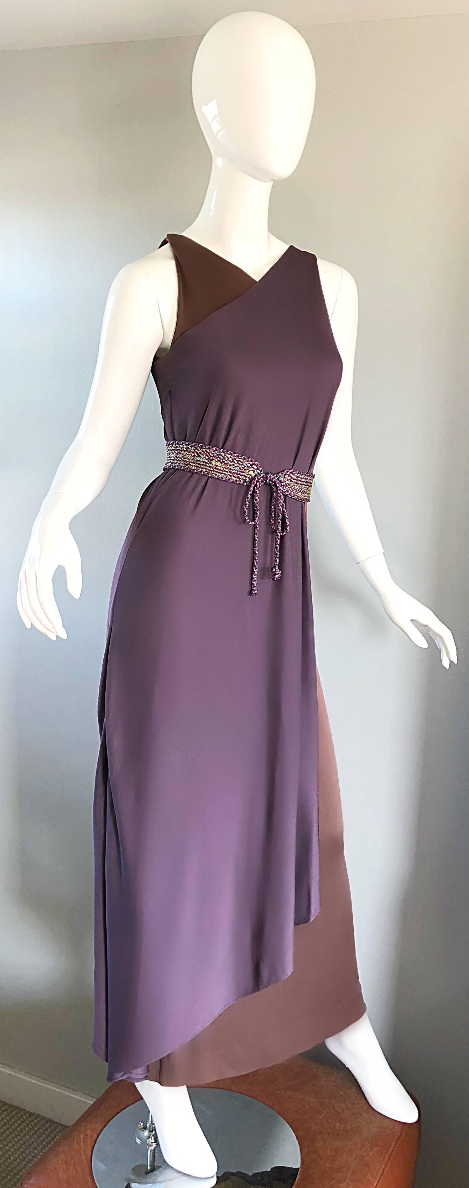 Vintage Bill Blass 1970s Purple + Brown Grecian Inspired Silk Jersey Belted Gown 1