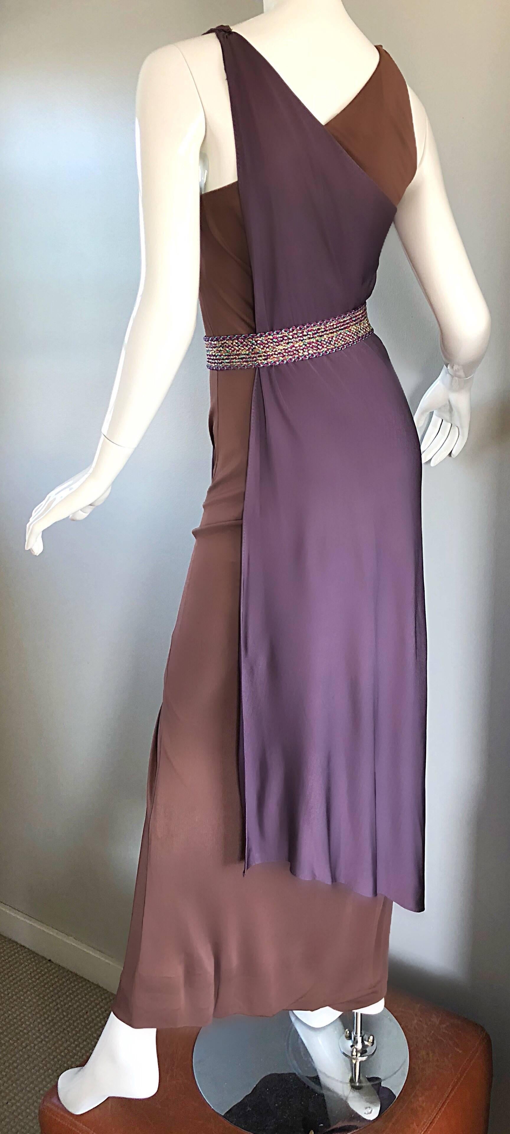 Vintage Bill Blass 1970s Purple + Brown Grecian Inspired Silk Jersey Belted Gown 2