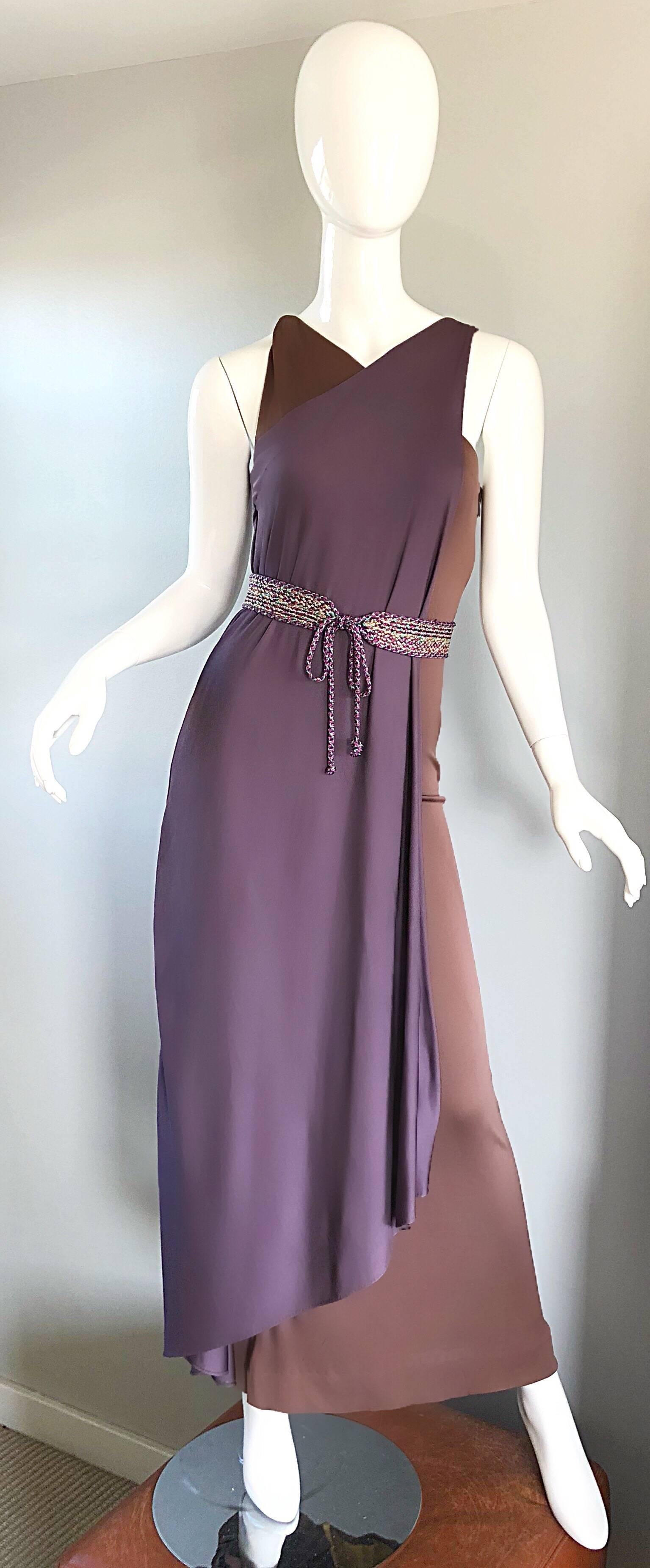 Vintage Bill Blass 1970s Purple + Brown Grecian Inspired Silk Jersey Belted Gown 3