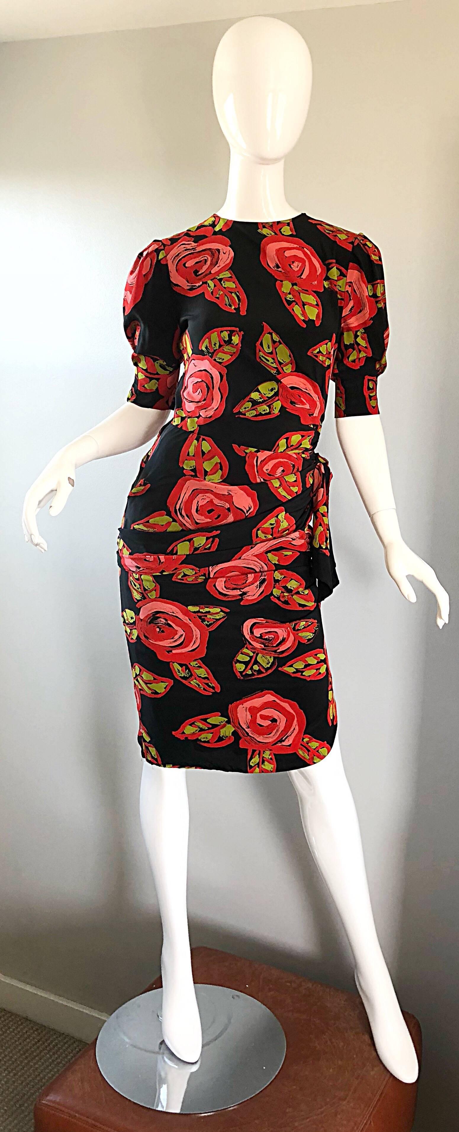 Beautiful vintage LOUIS FERAUD abstract rose print silk dress! Features an Avant Garde rose print on luxurious soft Italian silk. Flattering gathers at waist and hips hide any 'problem' areas. Fitted bodice has some stretch. Hidden zipper up both