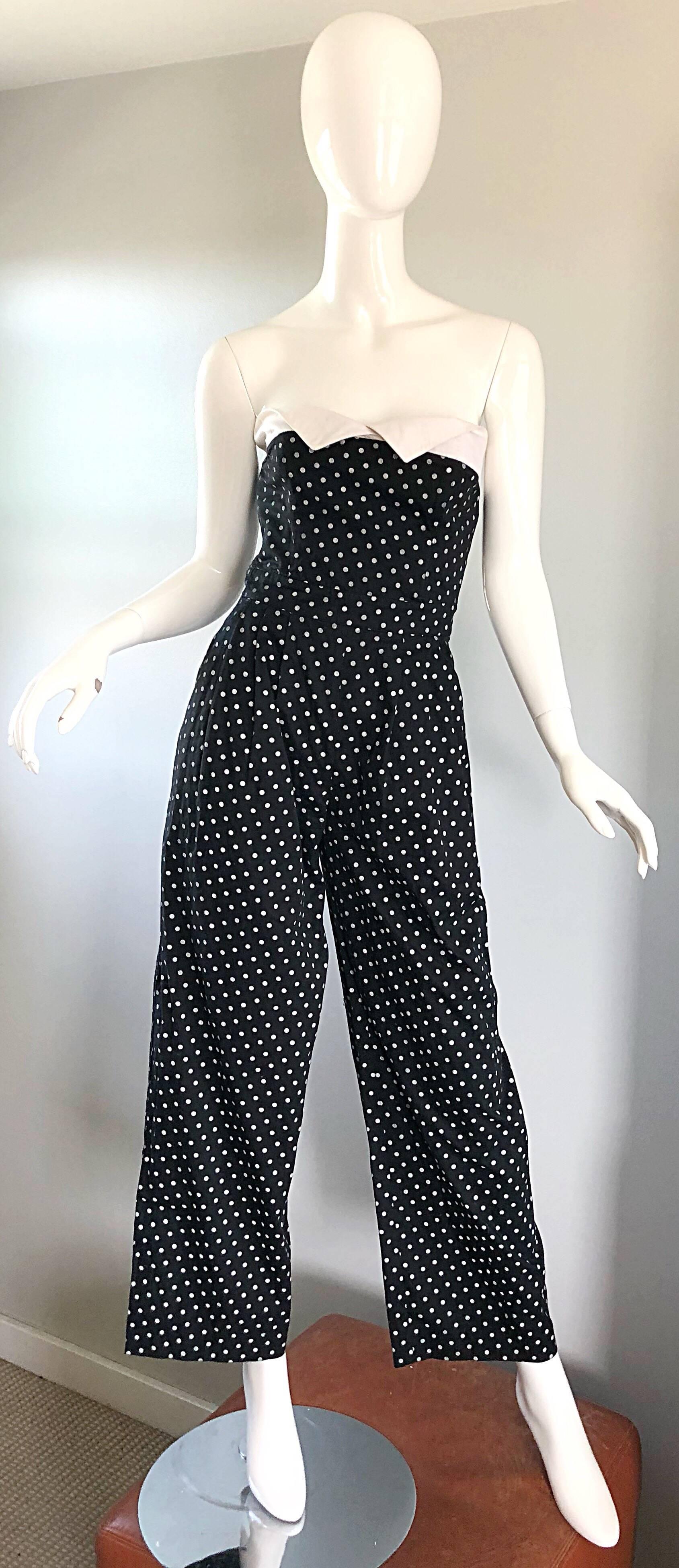 Escada by Margaretha Ley Vintage 1980s Black and White Polka Dot 80s Jumpsuit For Sale 2