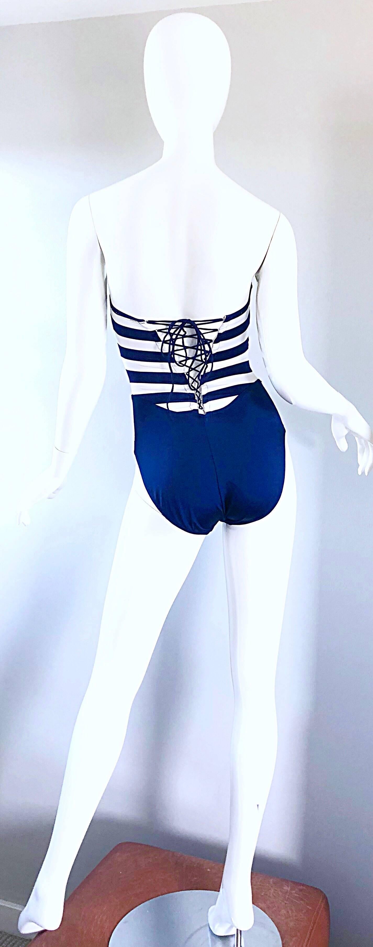 blue and white striped one piece swimsuit