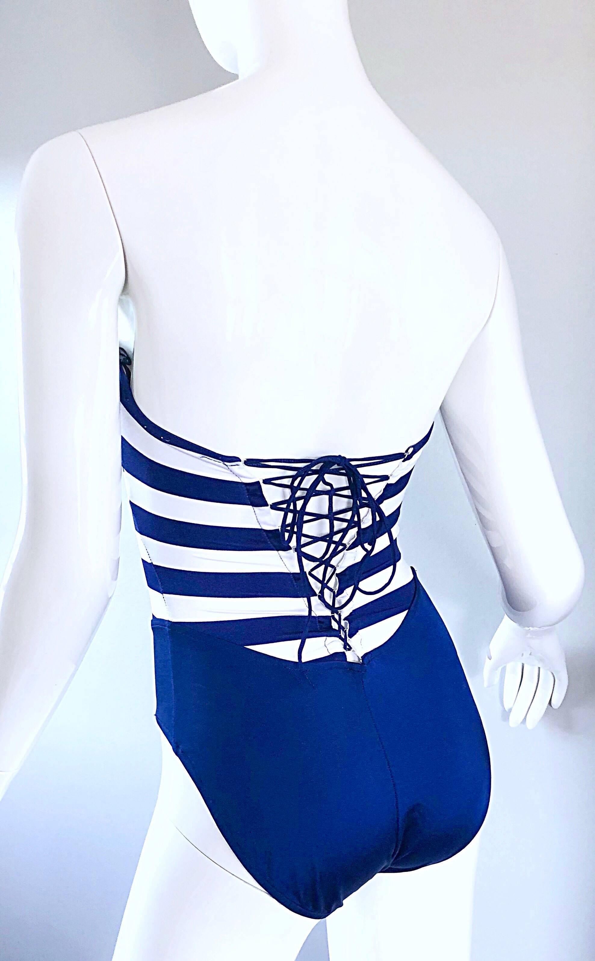 Bill Blass Navy Blue and White Striped Cut - Out One Piece Swimsuit, 1990s  In Excellent Condition In San Diego, CA