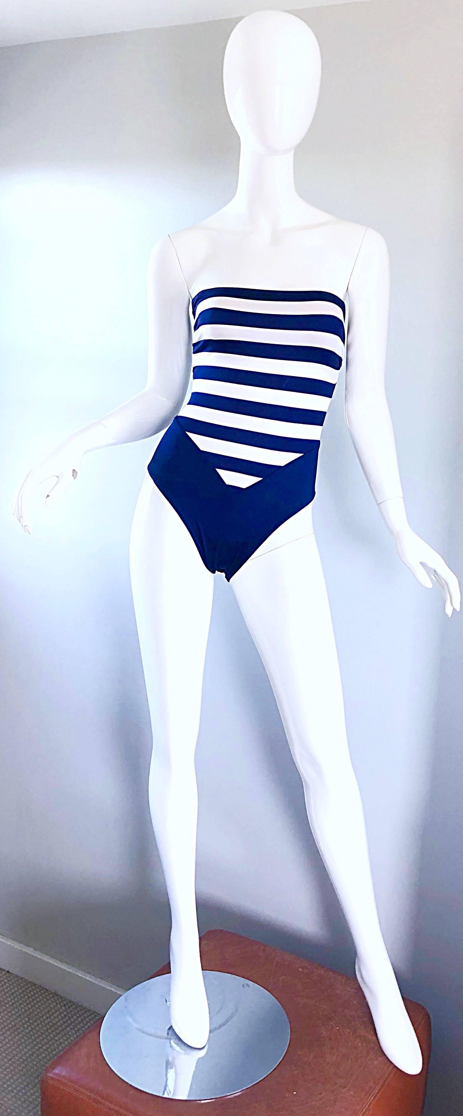 Bill Blass Navy Blue and White Striped Cut - Out One Piece Swimsuit, 1990s  1