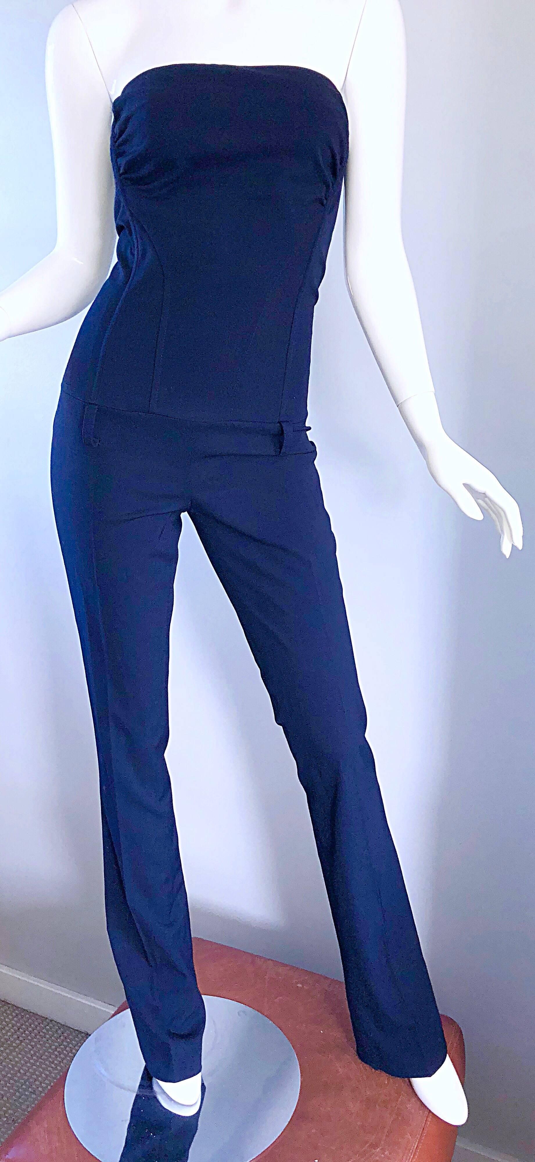 navy blue strapless jumpsuit