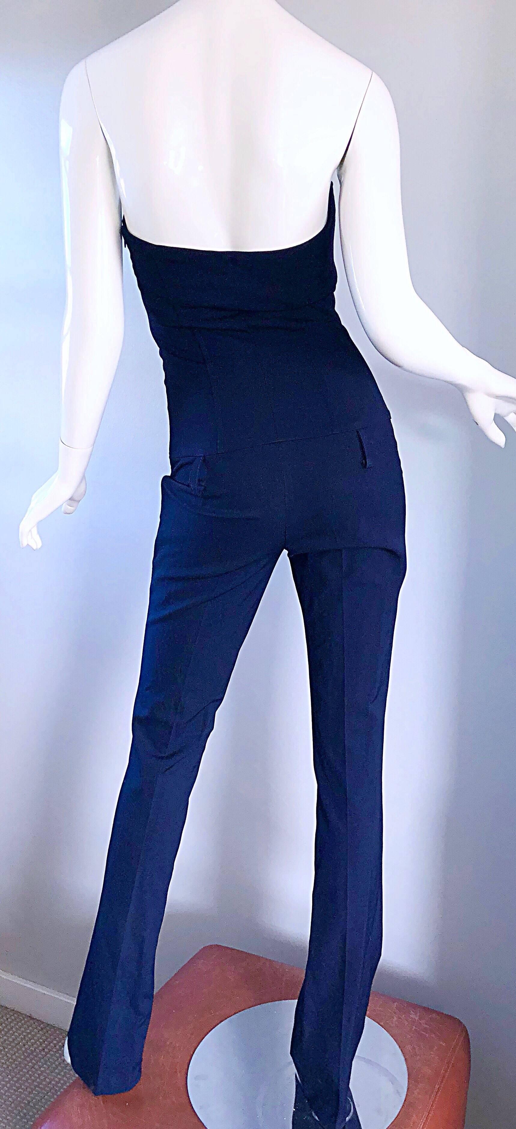 Elisabetta Franchi Navy Blue Italian Strapless Bootcut Tailored Wool Jumpsuit In Excellent Condition For Sale In San Diego, CA
