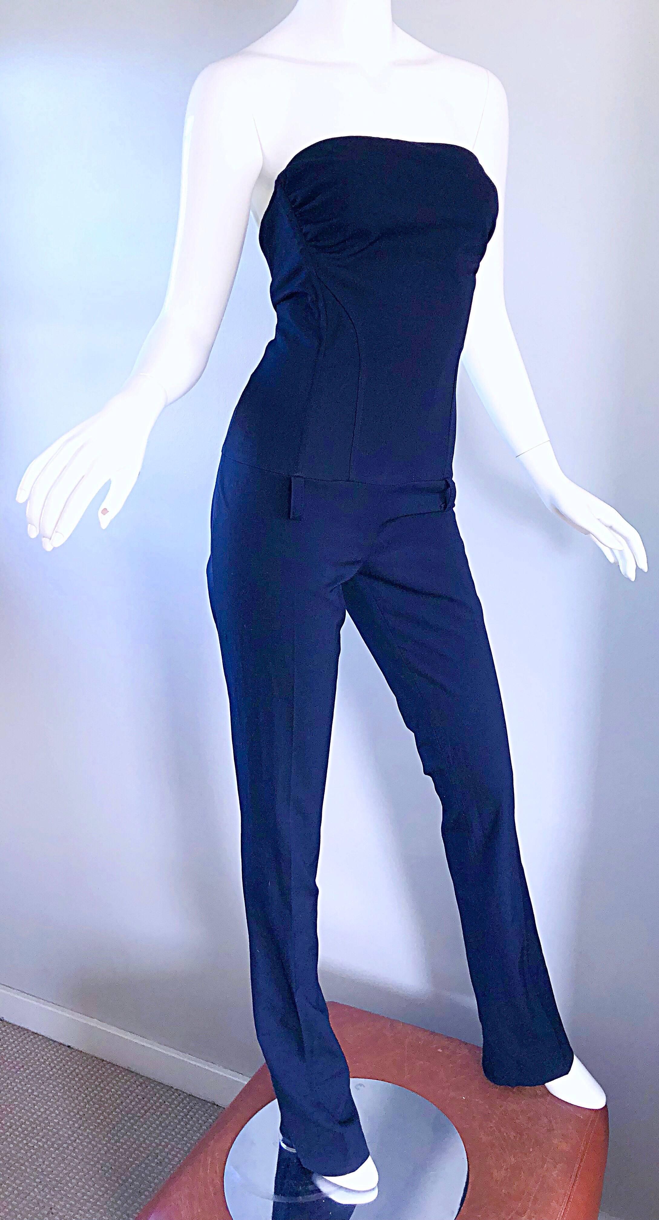 Women's Elisabetta Franchi Navy Blue Italian Strapless Bootcut Tailored Wool Jumpsuit For Sale