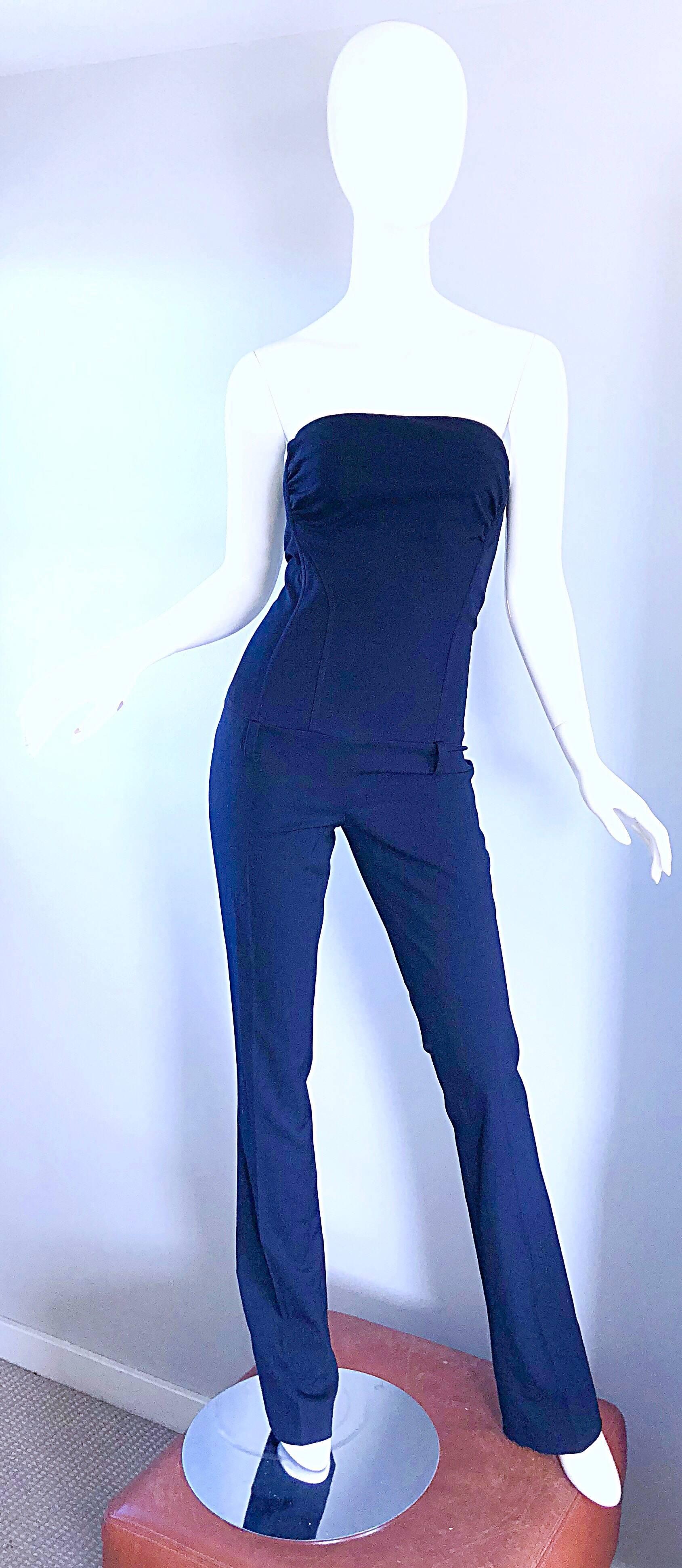 Elisabetta Franchi Navy Blue Italian Strapless Bootcut Tailored Wool Jumpsuit For Sale 2