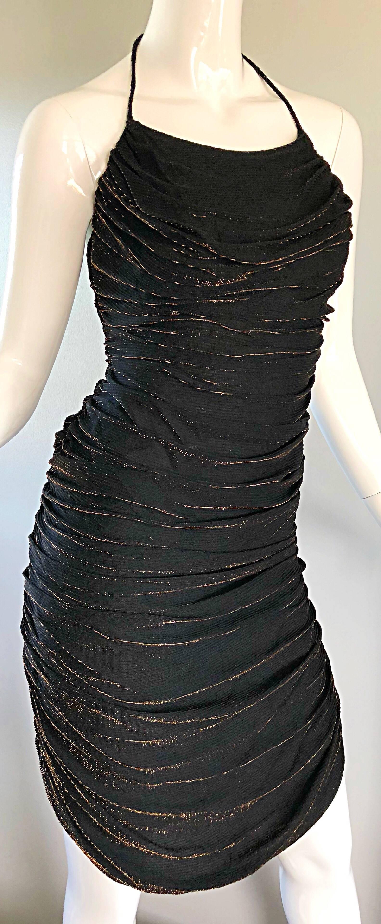 1970s Samir Black + Bronze Gold Sexy Ruched Studio 54 Vintage 70s Disco Dress In Excellent Condition In San Diego, CA